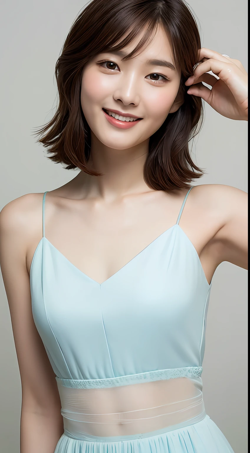 ((Best Quality, 8K, Masterpiece: 1.3)), 1 Girl, Slim Abs Beauty: 1.3, (Hairstyle Brown Hair Shortcut, Big: 1.2), Dress: 1.1, Super Slender Face, Delicate Eyes, Double Eyelids, Smile, Home, Raw Photo