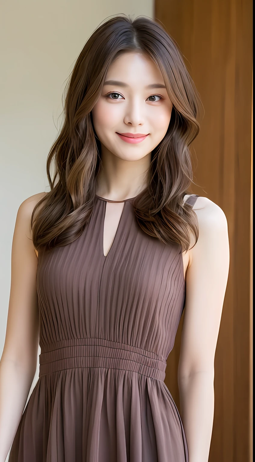 ((Best Quality, 8K, Masterpiece: 1.3)), 1 Girl, Slim Abs Beauty: 1.3, (Hairstyle Brown Hair Shortcut, Big: 1.2), Dress: 1.1, Super Slender Face, Delicate Eyes, Double Eyelids, Smile, Home, Raw Photo