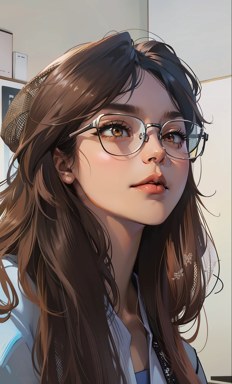 anime girl, brown skin, long hair, wavy black hair, brown eyes, seductive smirk, 18 year old, glasses, girl winking