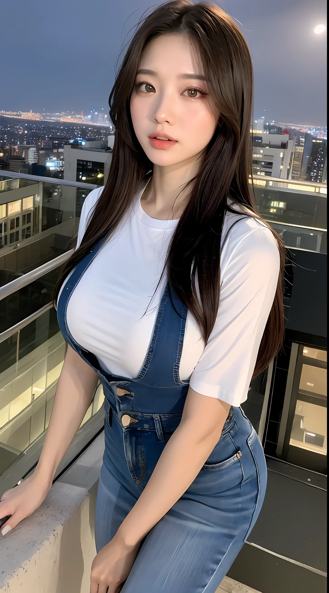 ((Midnight, Best quality, 8k, Masterpiece :1.3)), Whole body, Long legs, Sharp focus :1.2, A pretty woman with perfect figure :1.4, Slender abs :1.1, ((Dark brown hair,Gigantic breasts :1.2)), (White tight tshirt, Jean bib, Standing:1.2), ((Night city view, Rooftop:1.3)), Highly detailed face and skin texture, Detailed eyes, Double eyelid