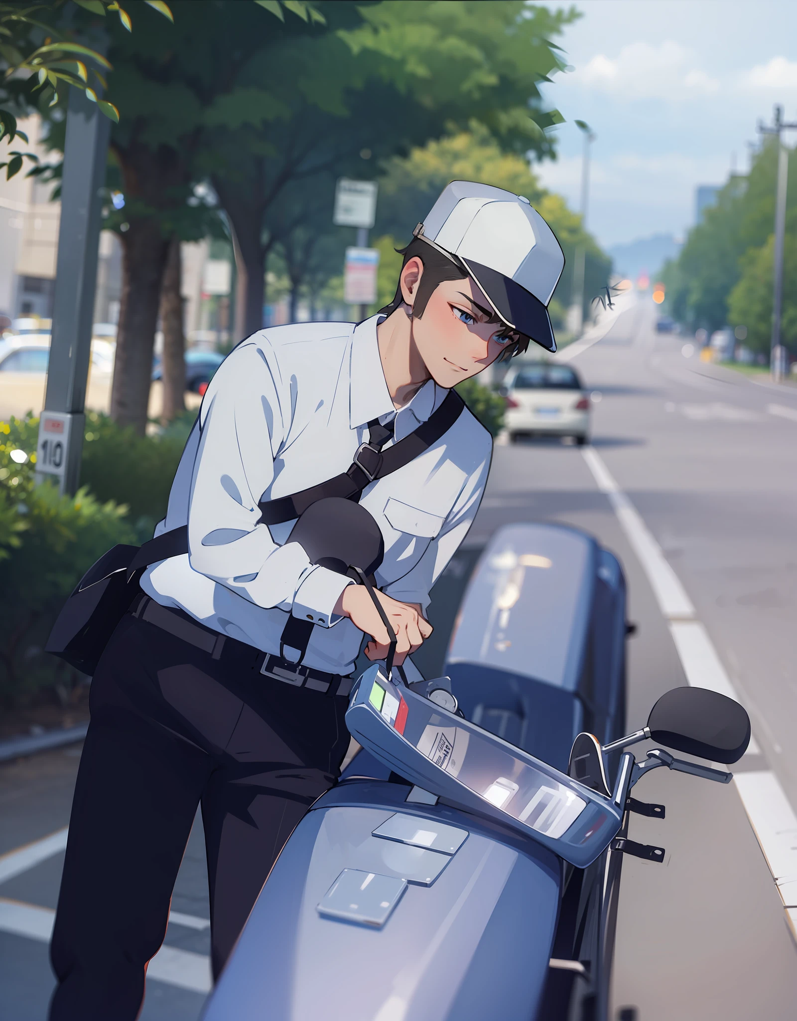 Brunette male high school student in hat opens battery car door