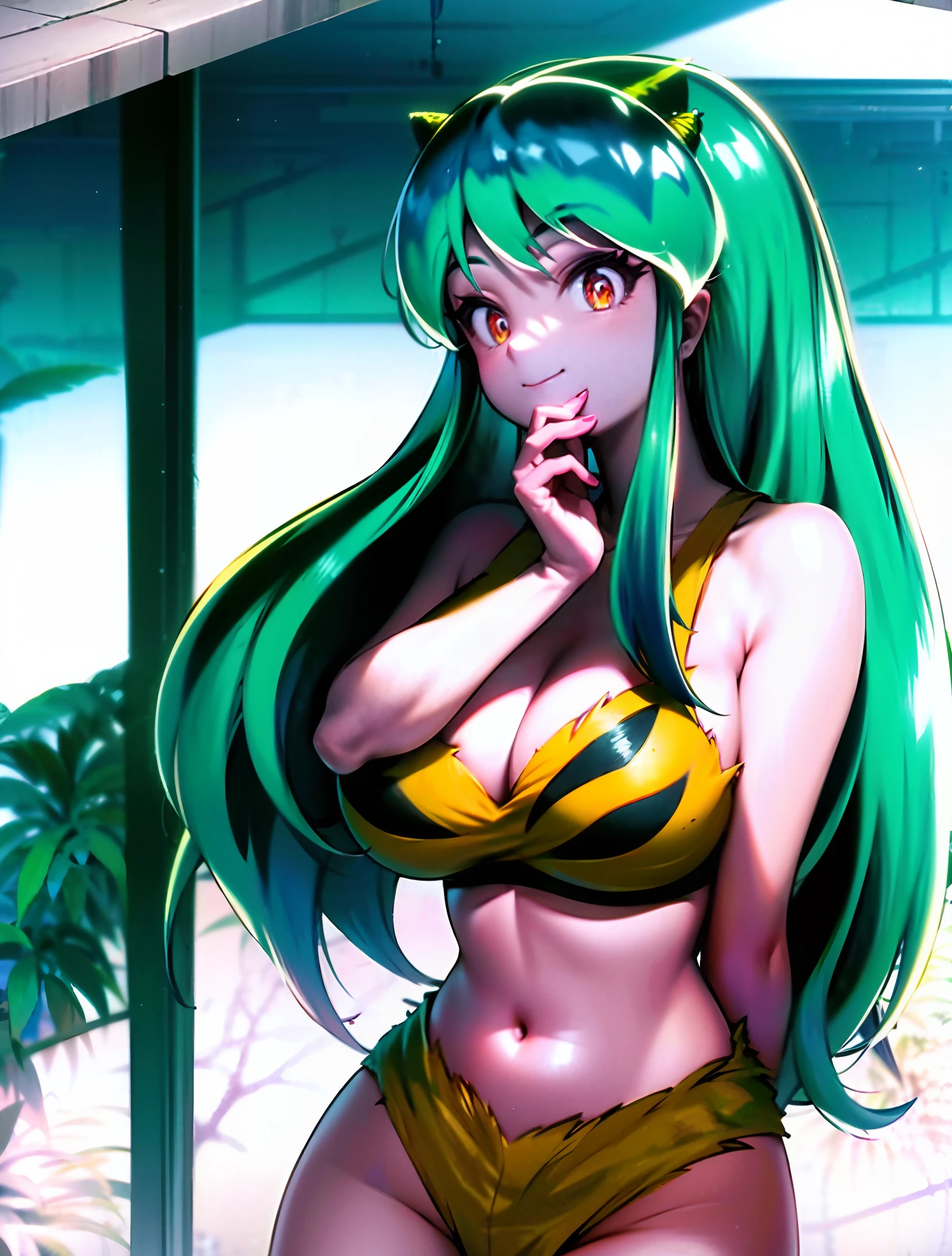 Anime girl with bikini and tiger print top, Seductive Anime Girl, beautiful attractive anime girl、Smiling at the camera、Beautiful skins、urusei yatsura