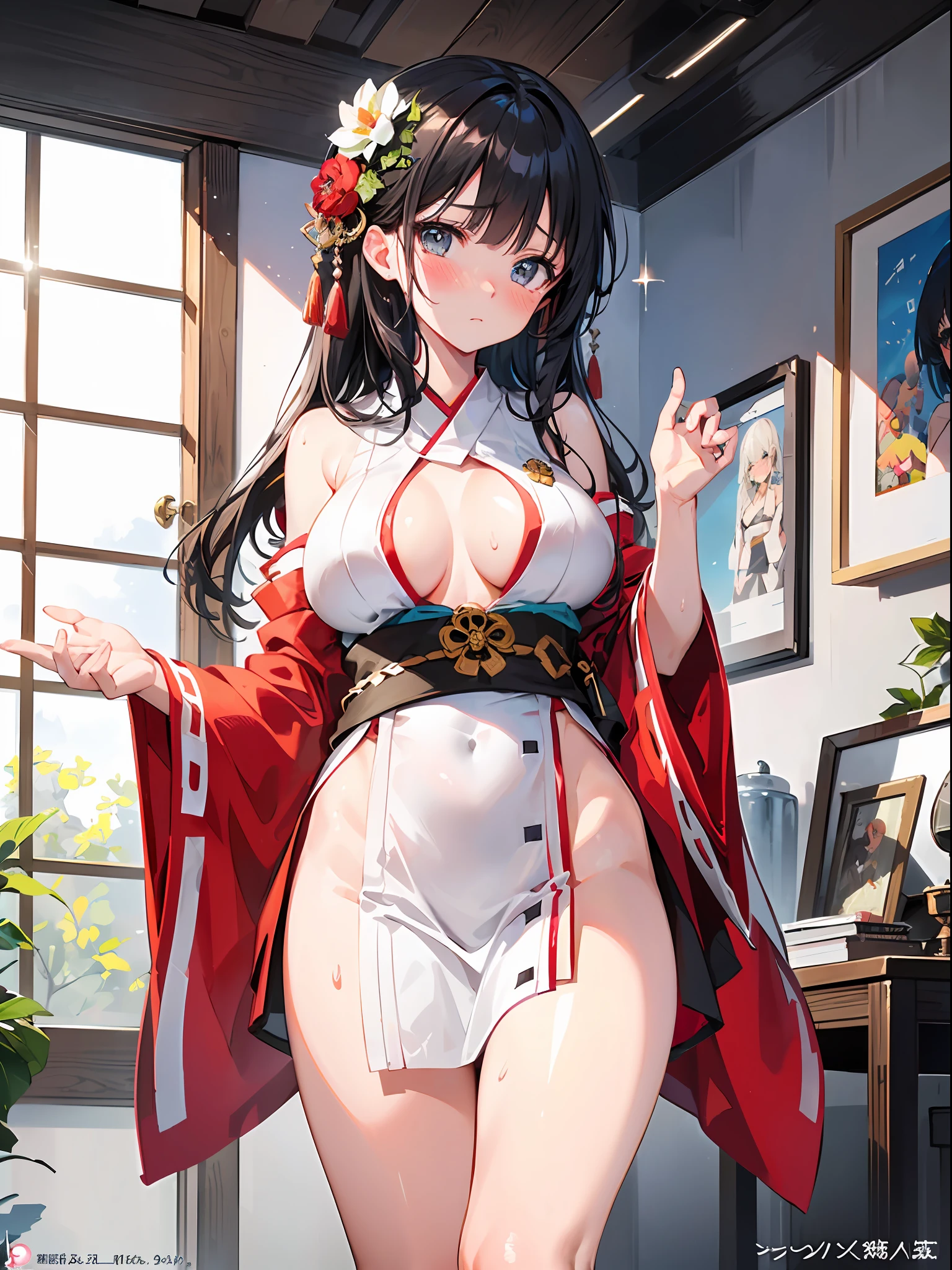 ((masterpiece)), ((Best Quality)), (Ultra-detailed), ((kawaii)), Cute, (lovely), ((Sexy)), (Ero), ((Extremely detailed)), 4K, (8K), Best Quality, (Beautiful), Illustration, Anime style, Painting, Dynamic Angle, Cowboy Shot, from wildcard, Drama-style Japanese-style room, Idol pose, full body focus, Cute s, 1girl in, Solo, Japanese miko costume, black hair, Beautiful random colored eyes, ((Beautiful eyes)), White-skinned, Random hairstyle, Buttocks, (Colossal tits), (Ashamed), Troubled expression, (red blush:1.5), Sweat, sparkling effect, Lens Flare, shiny-glistening, gleaming