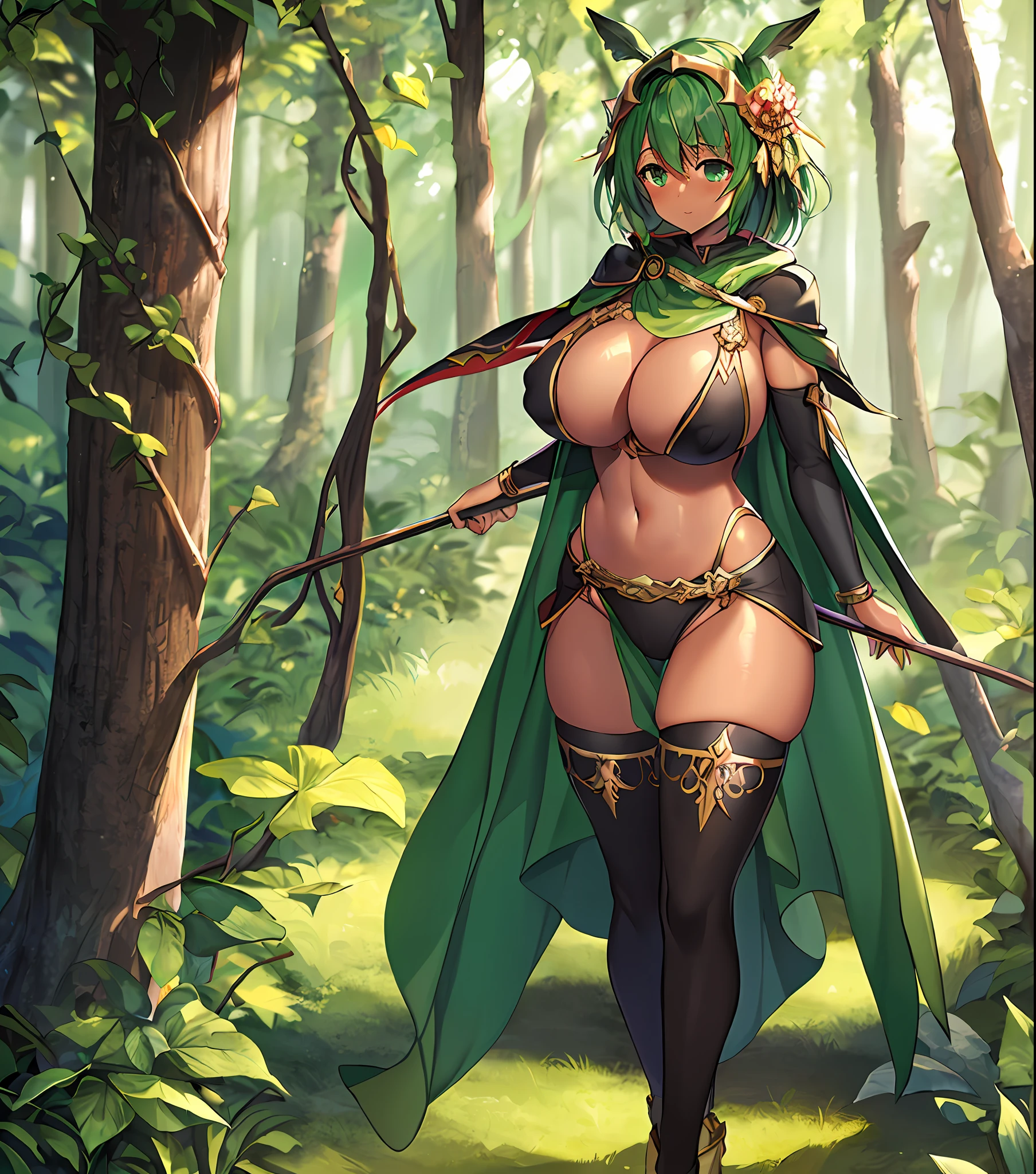 fantasy, 1forest_elemental_girl, tiny,(dark_skin)0.9, (using_leaves_clothes, green_leaves_covered_breasts, leaves_covered_pussy,covered_nipples)+++,(gigantic_heavy_tits:1.1), walking, (smile, sleepy)+, medium_hair, navel oil, (winding_vine_around_torso)++, forest_background, leaves_headgear, green_leaves_cape, spread_arms, large_staff, leaves_thighhighs, big_ass,solo,(pelvic_curtain:0.9), tabard,