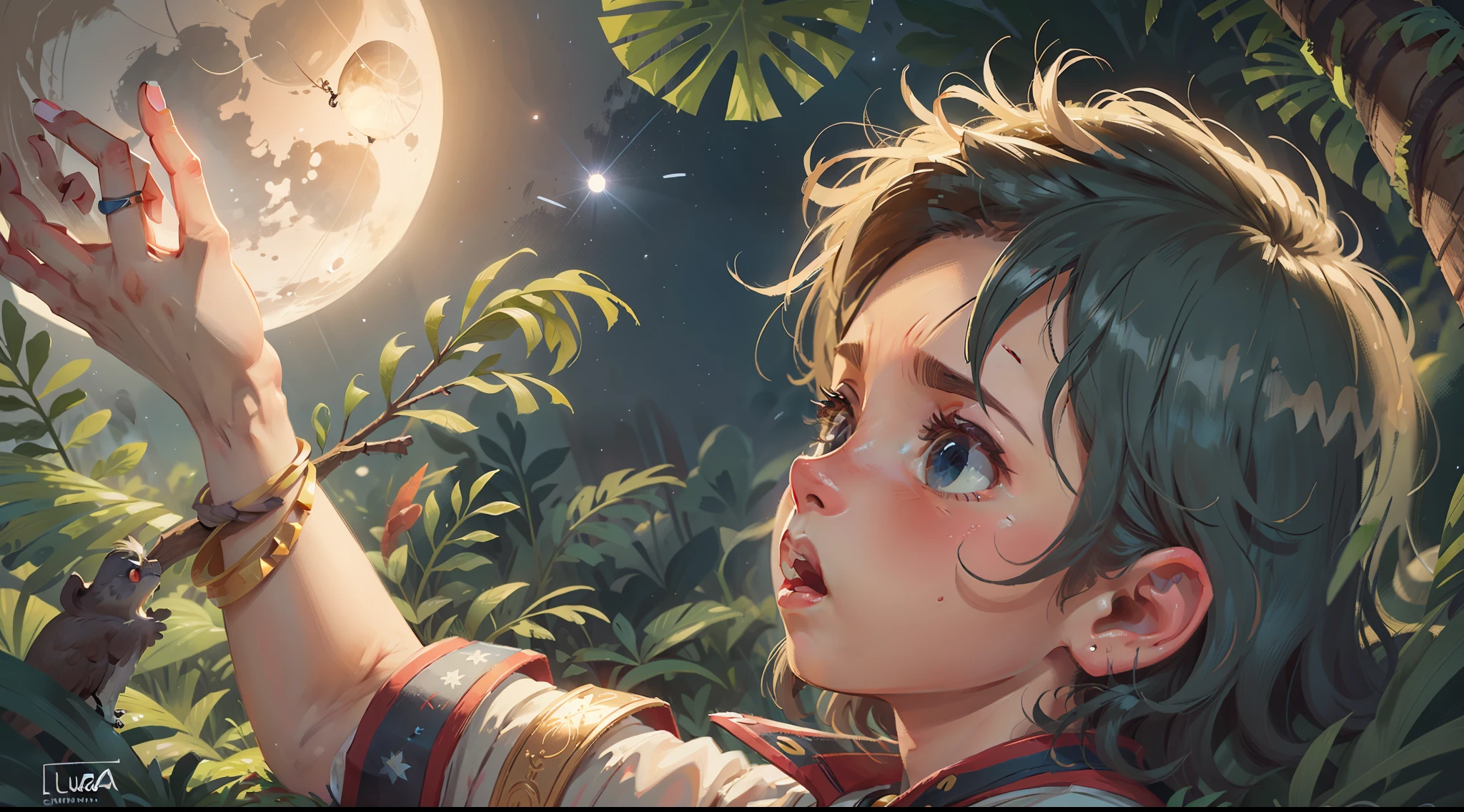 Illustrate the magical moment when Gabriel, o garoto estressado, encontra a Lua Sabia. He looks up at the night sky, onde a Lua brilha com serenidade. O rosto de Gabriel mostra uma mistura de surpresa e curiosidade, enquanto ele inicia uma conversa com a Lua, venting about your frustrations and problems. Crie uma cena que transmita a tranquilidade do momento e a sabedoria que a Lua parece emanar. Highlight the emotional connection between Gabriel and the Moon Knew, that will be the starting point for positive transformation in your life."