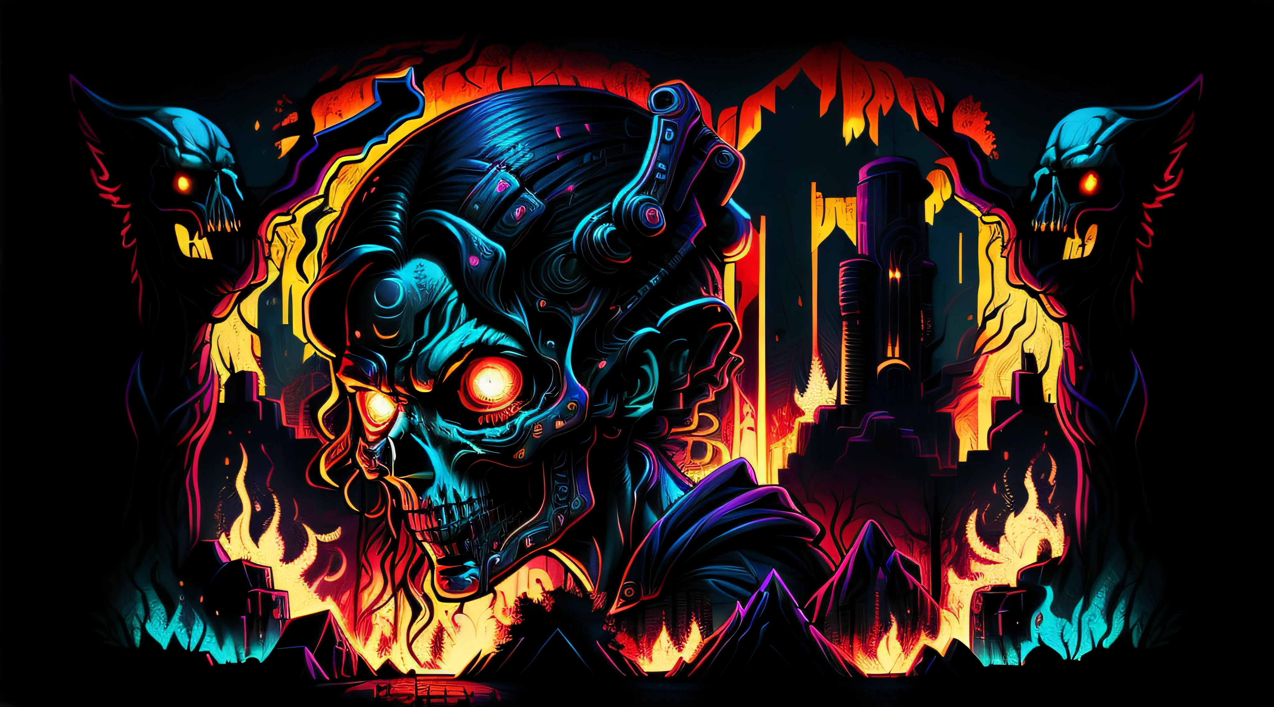 NeonMutação, skull, she's coming for you, de perto, caverna,, olhos brilhantes, (de perto:1.3), 8k, melhor qualidade.