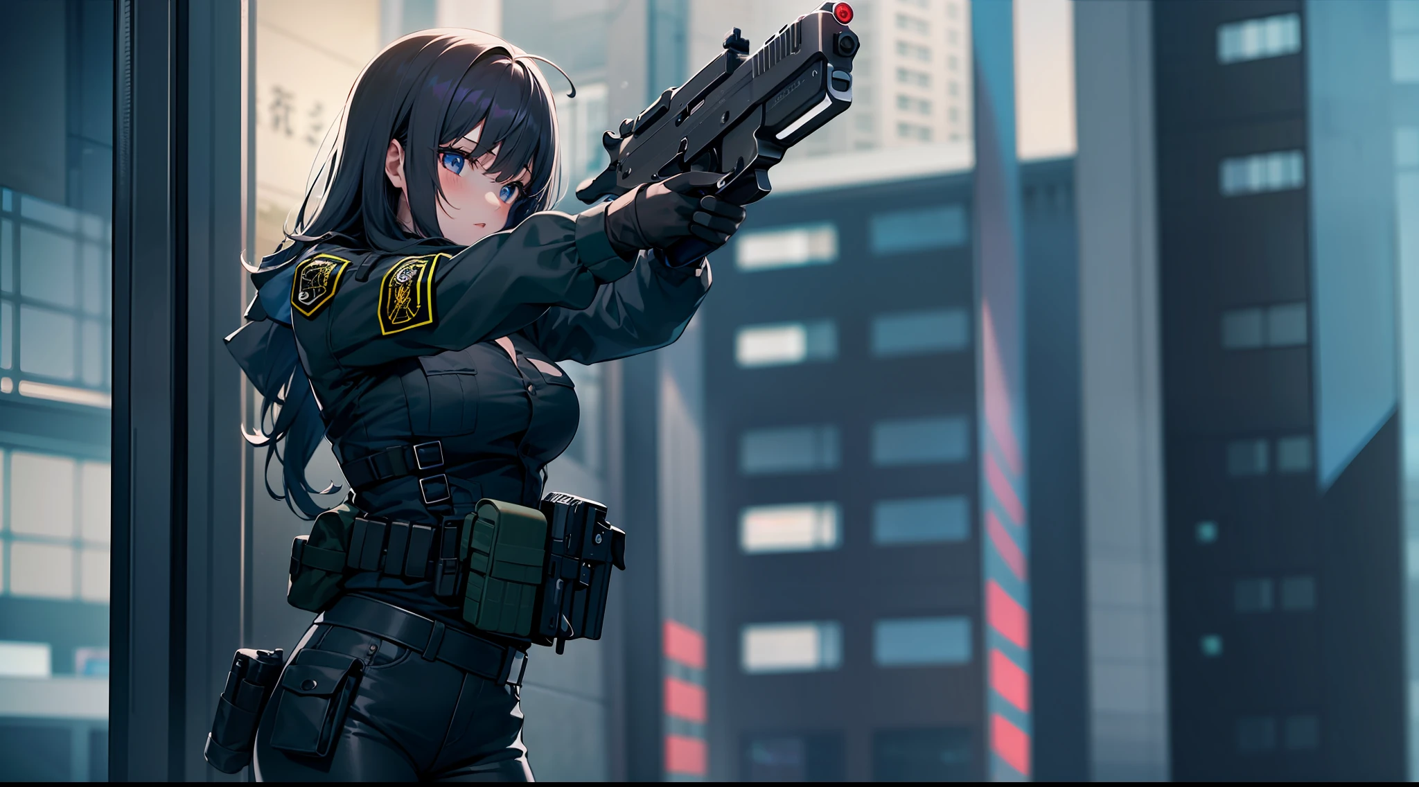 1 girl, handgun, in the dark office building, black clothes, special operations, special force, cinematic action, dynamic entry, looking anyway