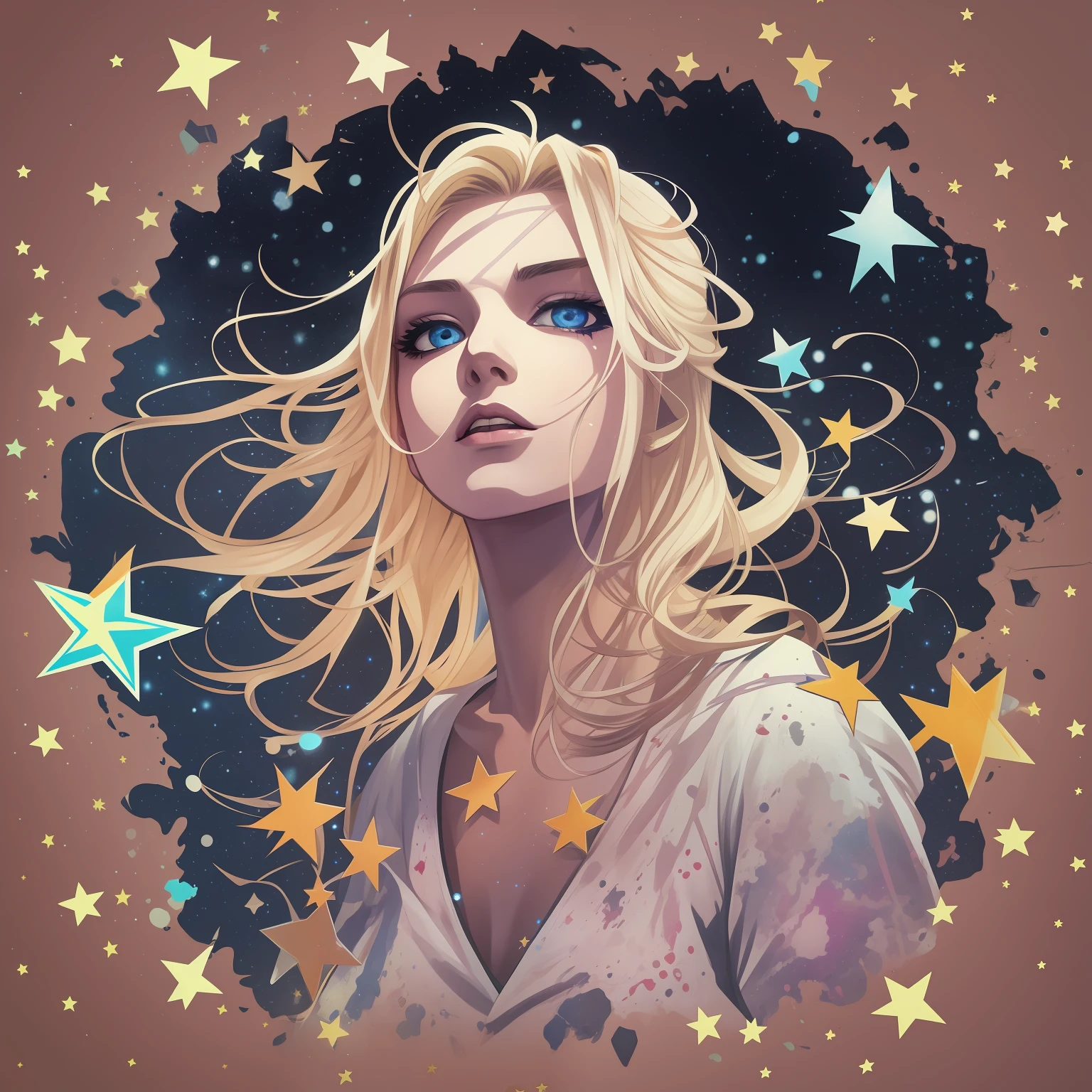 A Starry Night shirt design of a evil galactic anime white blonde girl, high quality, paint splatter, Luminous Studio graphics engine, black background
