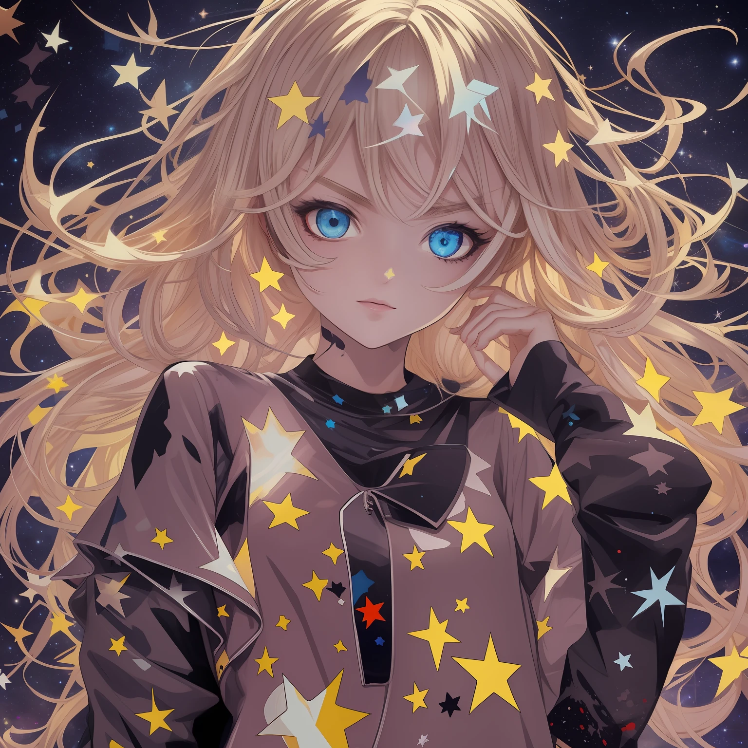 A Starry Night shirt design of a evil galactic anime white blonde girl, high quality, paint splatter, Luminous Studio graphics engine, black background