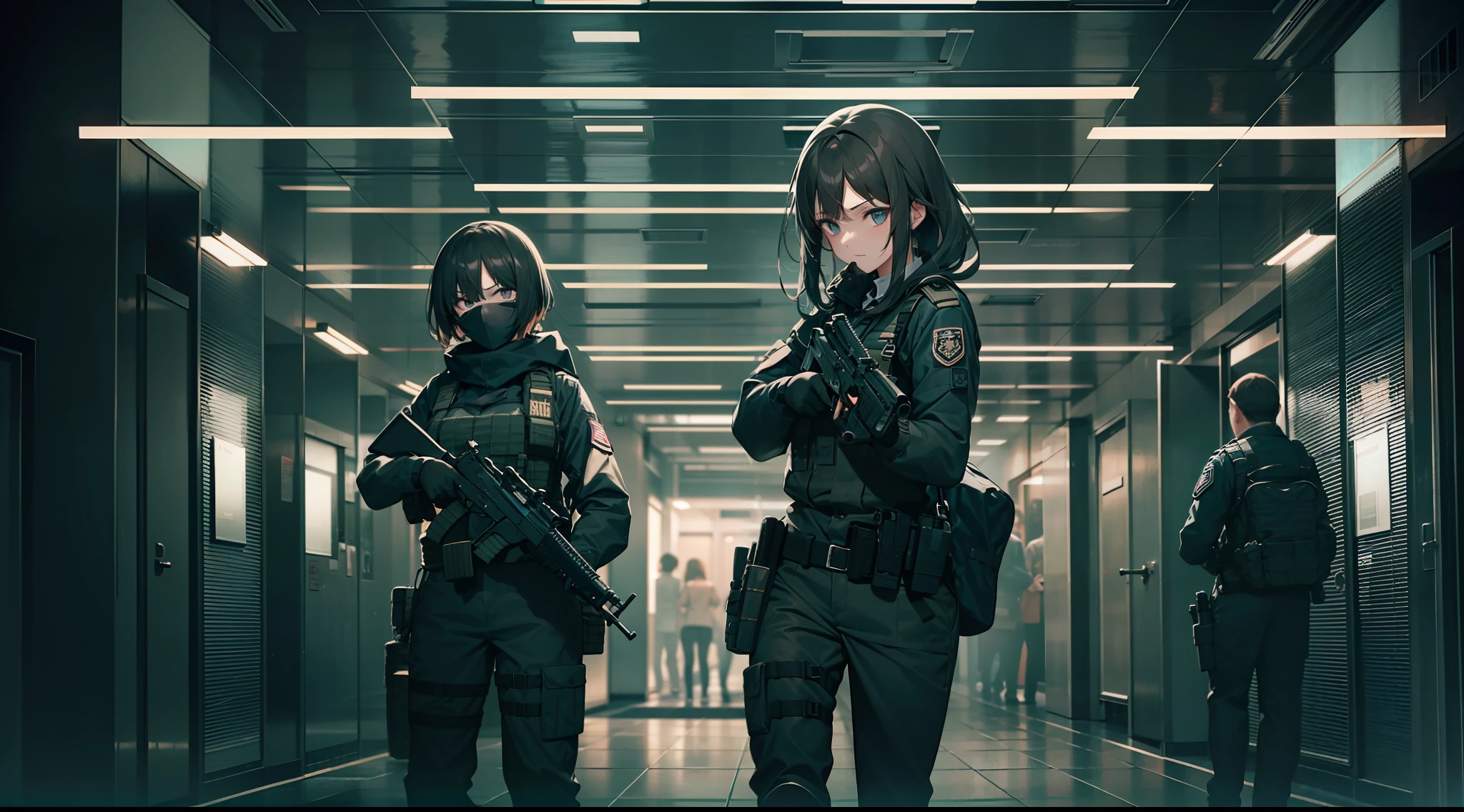 1 girl, handgun, in the dark office building, black clothes, special operations, special force, cinematic action, dynamic entry, looking anyway