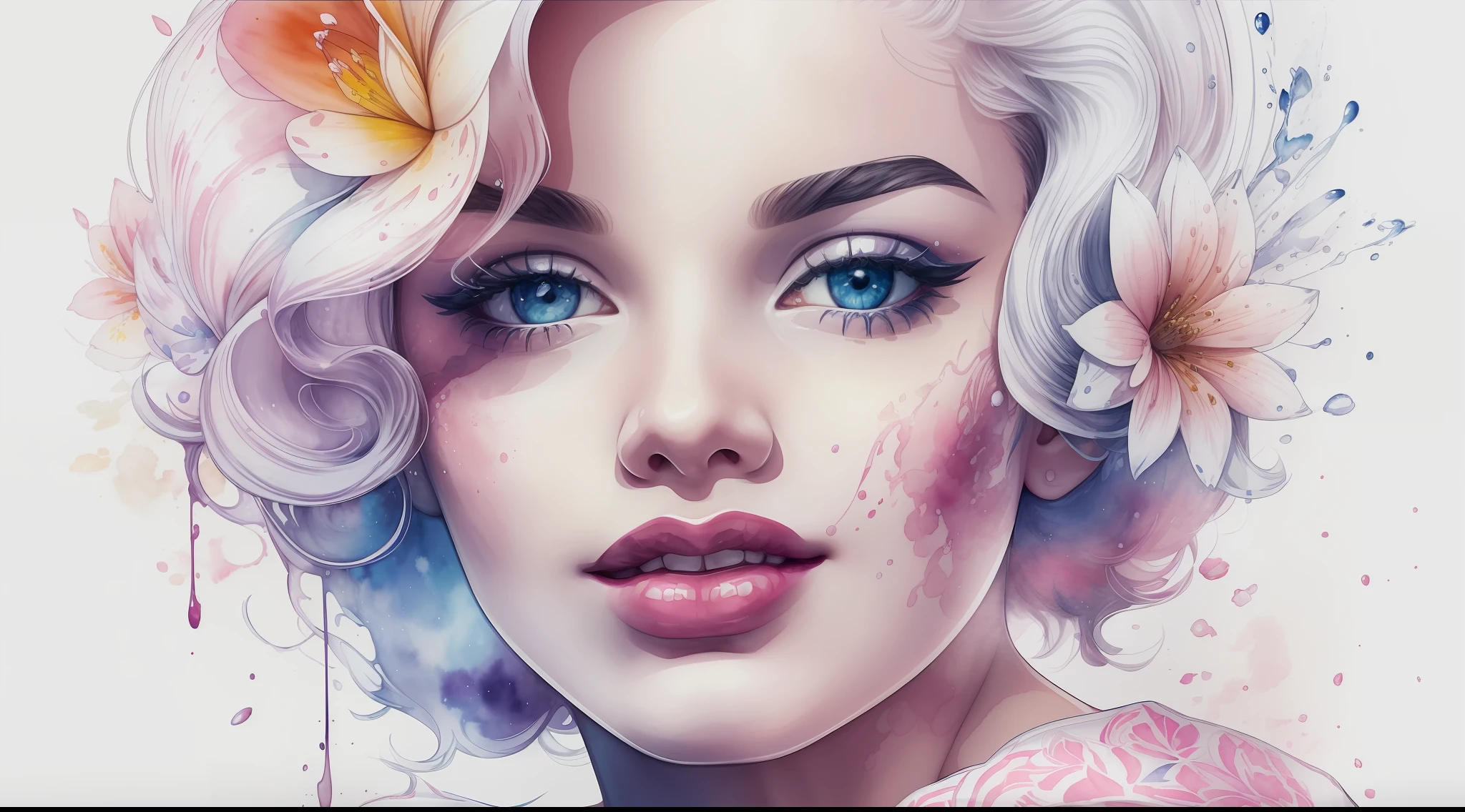 Marilyn Monroe stechu,(white background:1.4), off shoulder, ((tachi-e)), original,(illustration:1.1),(best quality),(masterpiece:1.1),(extremely detailed CG unity 8k wallpaper:1.1), (colorful:0.9),(panorama shot:1.4),(solo:1.2), (ink splashing),(color splashing),((watercolor)), clear sharp focus,{ 1girl standing },,flower background, outdoors, lilyes, looking at viewer, make happy expressions,soft smile,pure,beautyfull detailed face and eyes,beautyfull intricacy clothing decorative pattern details, black hair,black eyes,colorwater