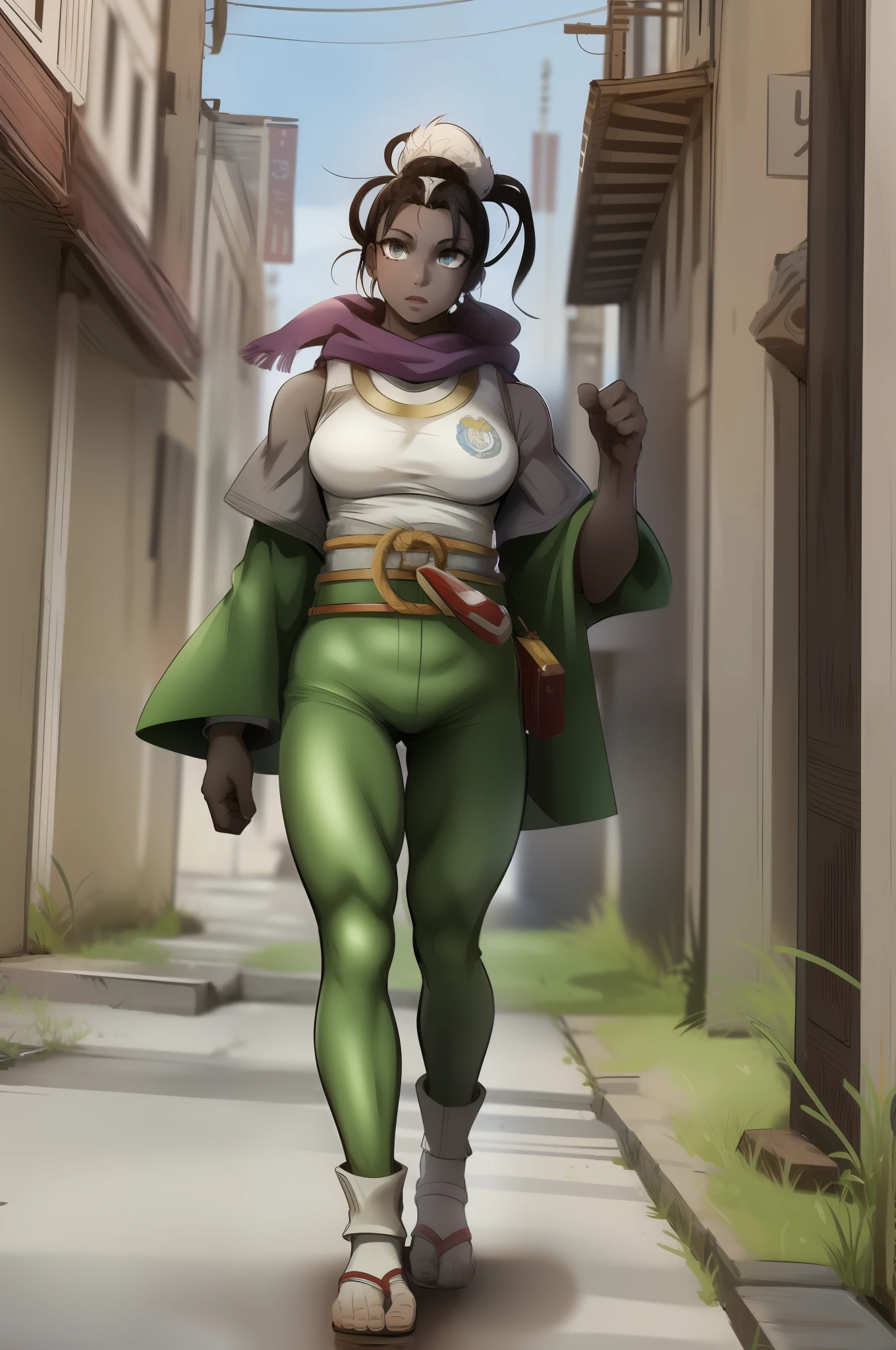 muscle girl,huge breats,personagem tem uma pele escura,, cabelo preto com um moicano branco, , The character is wearing green pants, imagem frontal de um personagem musculoso, protagonista de anime, personagem heroico e poderoso. wearing kimono,, walking, full body, medieval village, cape ,scarf, vest, alone, full body,wearing kimono smile, flip flops, pole-shirt,,medieval village