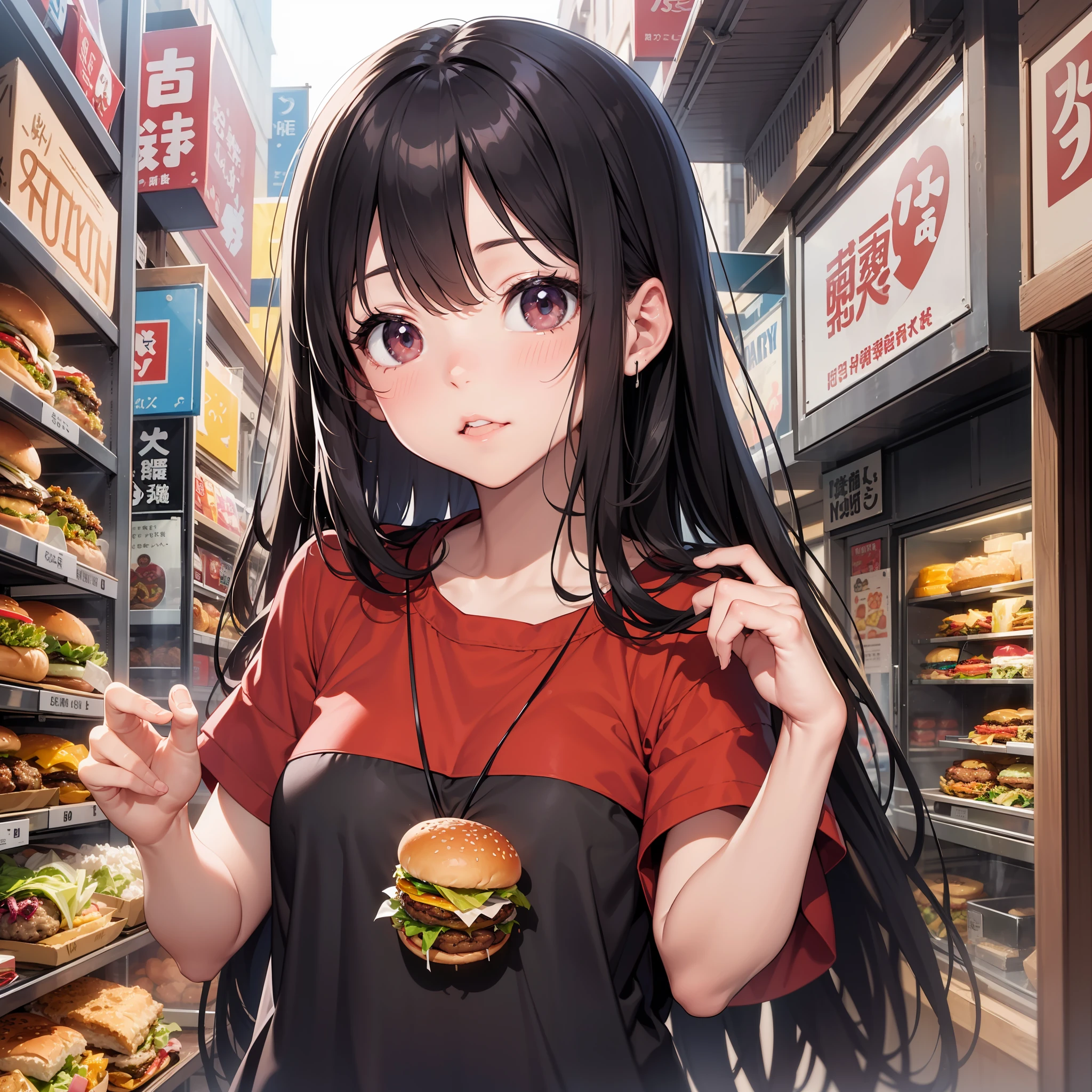 Top image quality　Original Characters、Volume Lighting、Eat a huge burger、Shiny black hair straight long hair、Cute wine red take shirt、Burger Shop、Harajuku