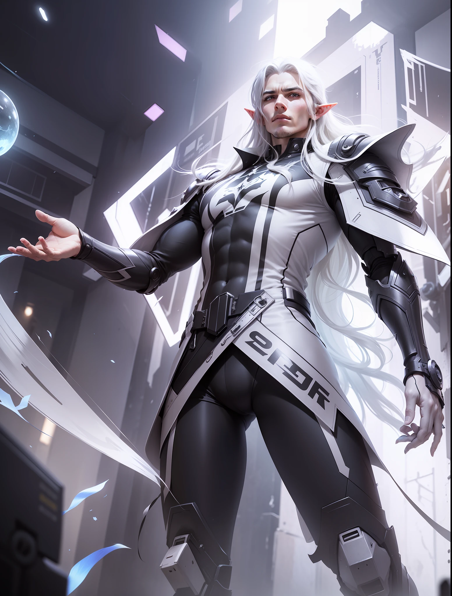 Raw photo, 1 Man, estes blacklist international's skin from MLBB, white long hair, elf, proposional body, Robot suit, black & white, realistic, 8K quality, super detail