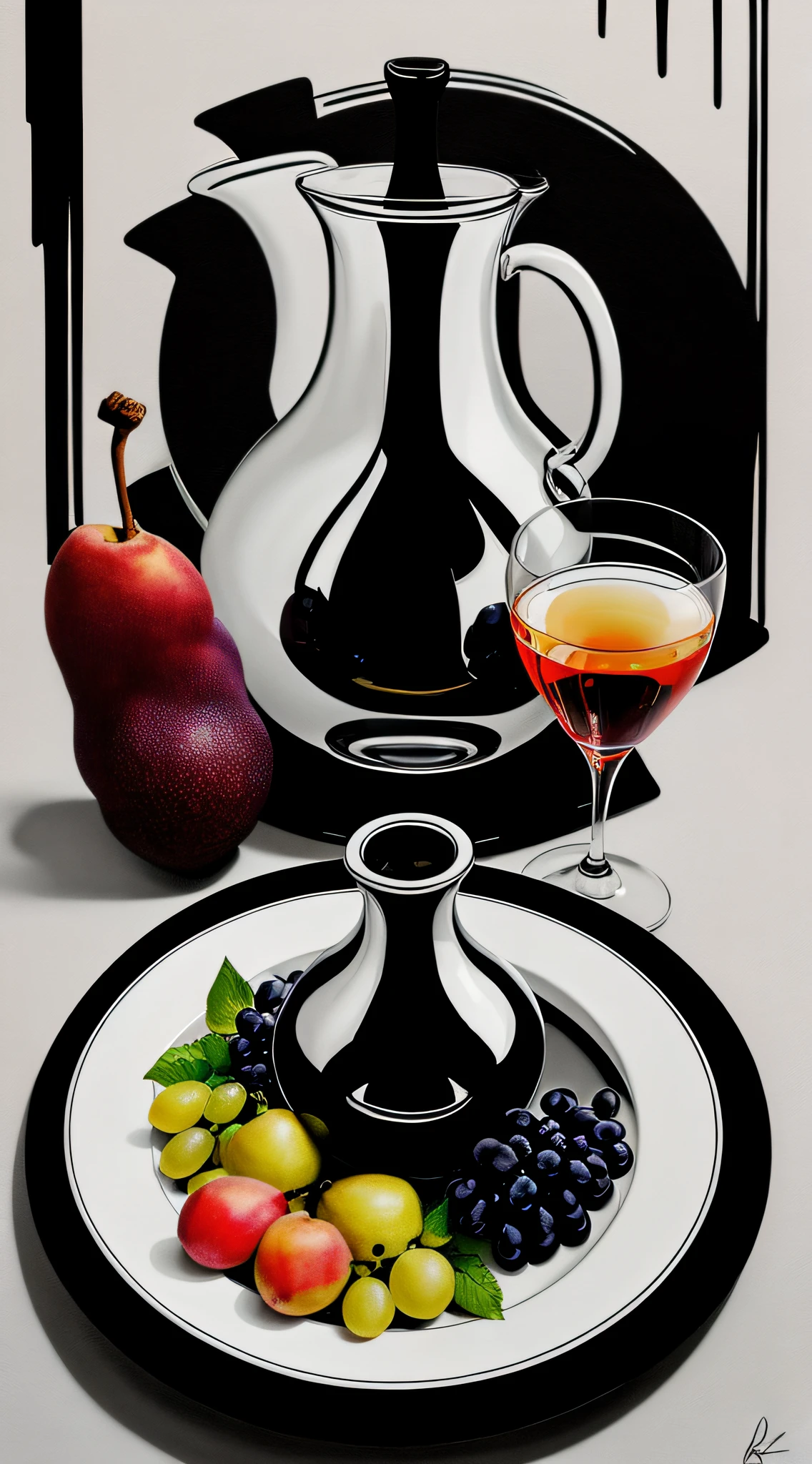 Abstract (black and white) airbrush painting of a plate with grapes and pears, and a carafe of water on the side, masterpiece, ultra-high resolution, in the style of Roger Dean