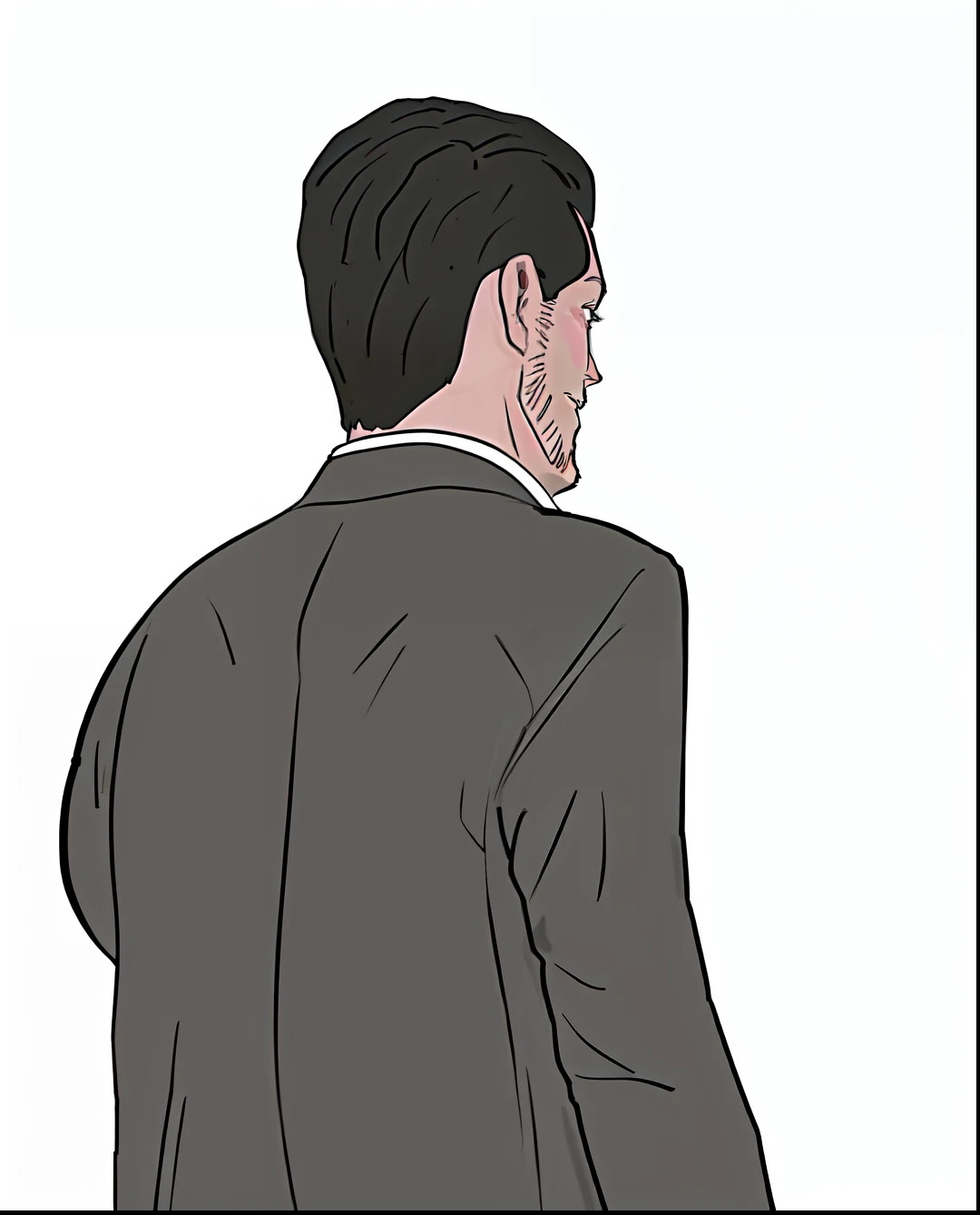 (((Arte estilo anime))), (((cell Shading)))um desenho animado de um homem de terno de costas, fazer o sombreamento estilo Cell Shading.