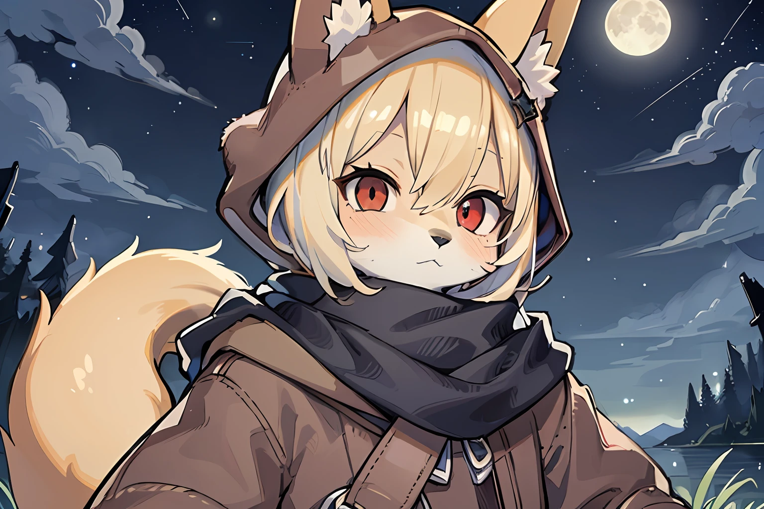 Fox Boy，Shota，hairy pubic，shaggy，Smoothes lashes，Skin fur，Golden fur，Short hair in men，Forelimb hands， solid circle eyes，Golden ears，Golden face fur , Short blonde hair，Red eyes，Super cute face，Brown elements on fur，Brown coat brown hood up，Star pattern T，Ambient light，Ultra-fine fur，volumettic light，Night,natural  lightting，fox tails，A tail，nevando，Night，A sky full of stars，meteors，full moon，By the lake，crossed bangs, Hairline, Shiny hair，Empty eyes，35mm，sharp talons。High quality, high detal, Best quality, hyper HD， Dark brown gloves，Star pattern scarf，individual，Single