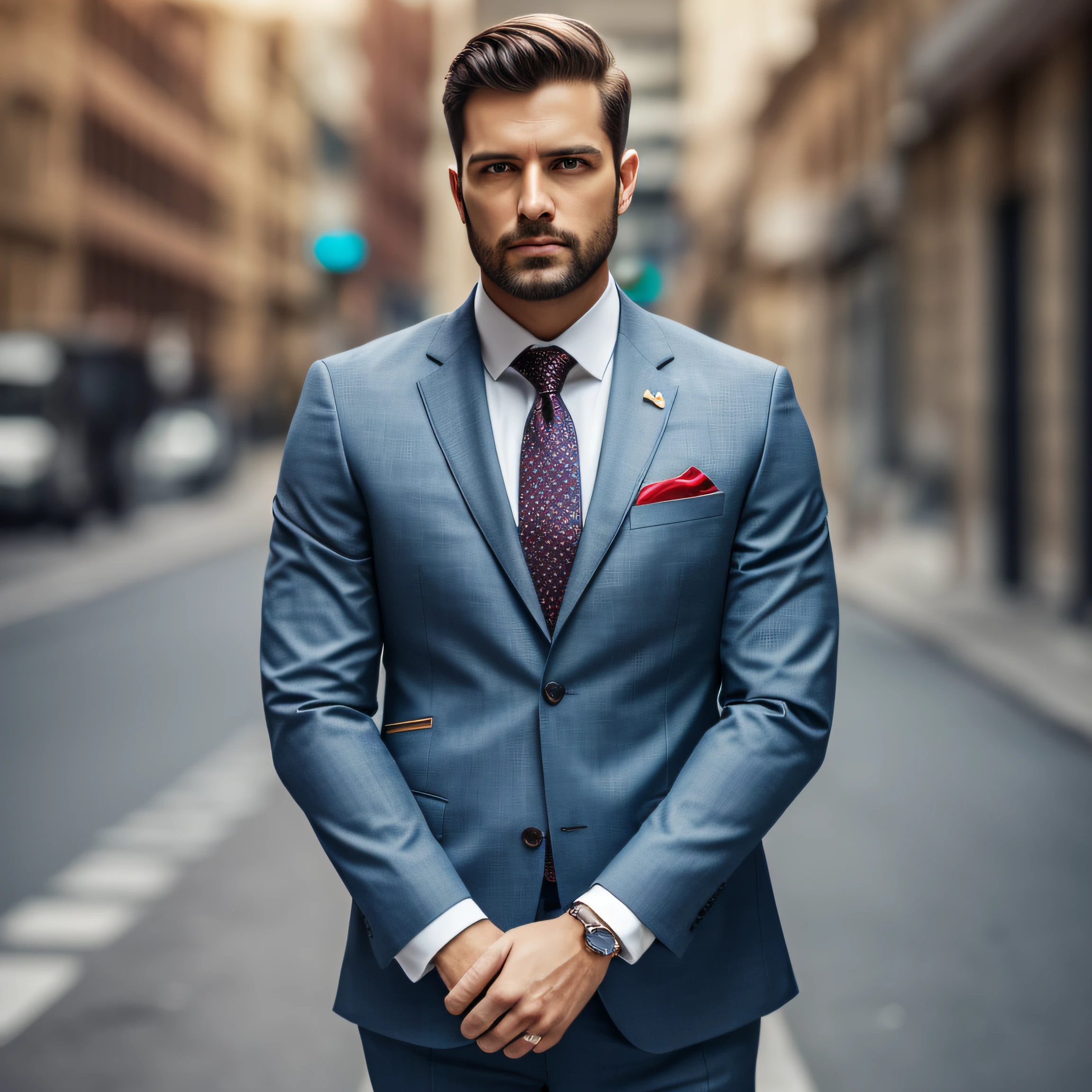 a Man standing with 30 years in suit and tie, body and head straight in the photo, DSRL, facing the viewer of the photo, eyes fixed to the lens, appears shoulders and head in the photo, man centered in the photo, 8k, best quality, masterpiece, realistic, realistic photo, movie photo, ultra realistic, 1 person, detailed, Perfect lighting, DSRL, professional photo, 4k