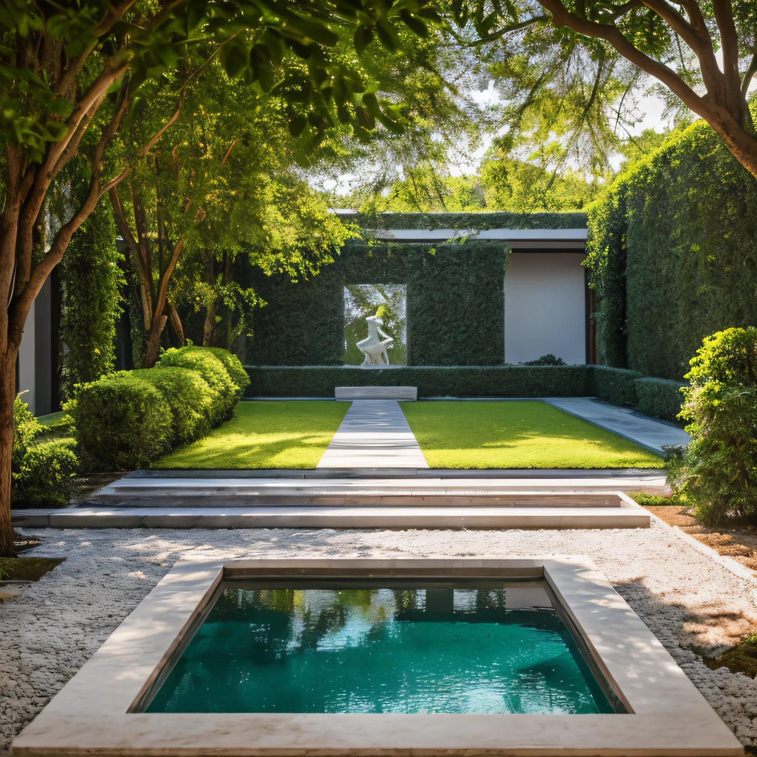 There is a view of a large courtyard with a fountain and a Greek statue, escultura (Escultura, discobolus por Miron) , a building, A large open courtyard in an attic, arquitectura grega moderna, paisagem do jardim real, Photos of off-landscape buildings, inspirado em Tadao Ando, Courtyard walkway, Empty building with vegetation, inspirado em arq joao salvador, com um jardim cheio de fetos e plumas em primeiro plano, vibrant greenery outside, jardim exuberante no fundo, renderizado, muito detalhe, 8k, hiper-realismo, Joao Salvador, Foto RAW de uma paisagem, pequenos detalhes, fotorrealista, Foto Ultrarrealista, 8k UHD, DSLR, soft-lighting, alta qualidade, grain of film, Fujifilm XT3, (obra-prima)
