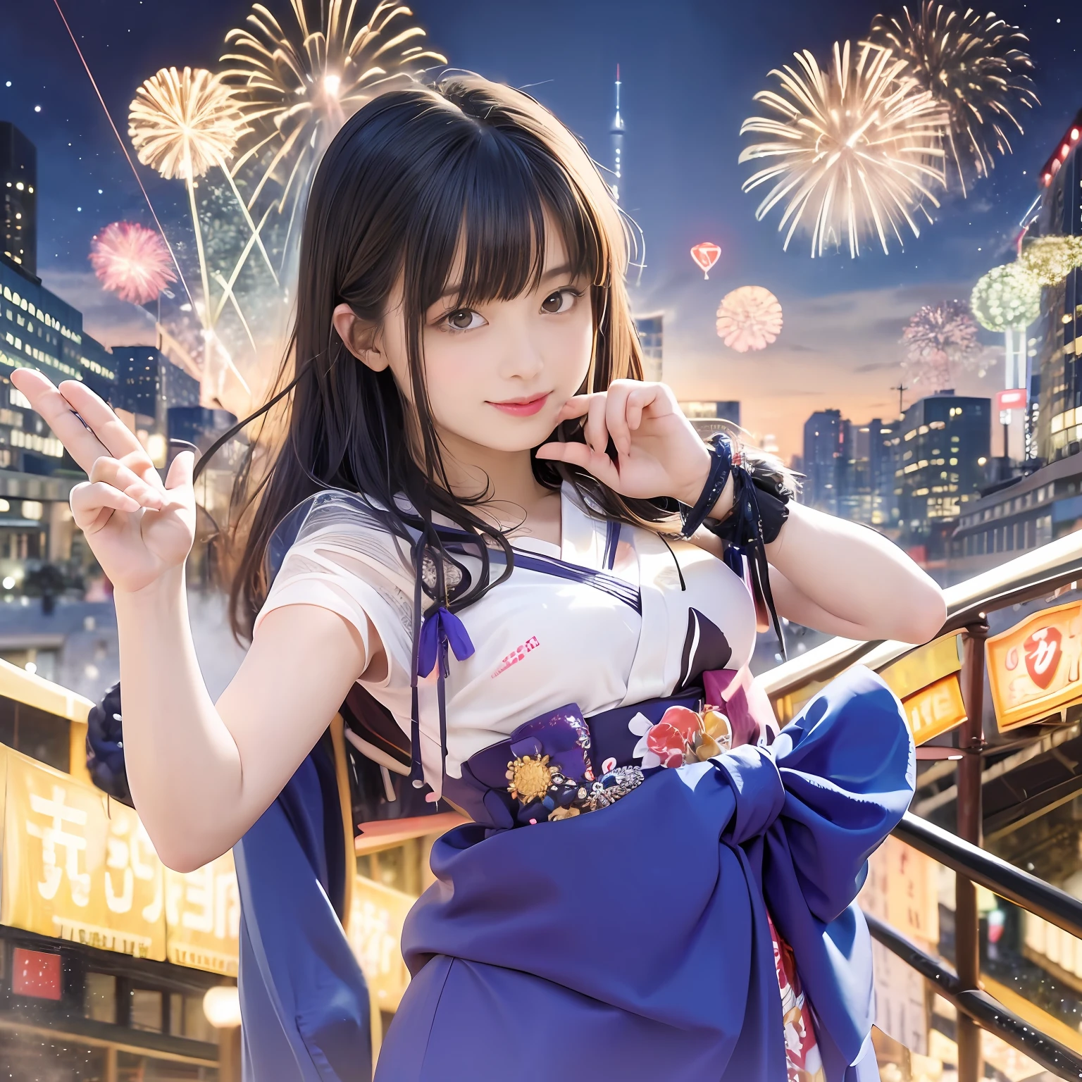(((masterpiece+top-quality+hight resolution+ultra-detailliert)))、1 girl in、There is a woman in a yukata posing at a festival, Nami of one piece, nami one piece, beautiful portrait of nami, Nami,A smile、 Very detailed ArtGerm, From the whole body, Realistic yukata, full body dynamic pose、Divian Art Station CGscosiety, Overview Digital Anime Art, Fan Art Best Art Station, Digital Animation Art、night landscape、Fireworks Festival、dynamicposes、