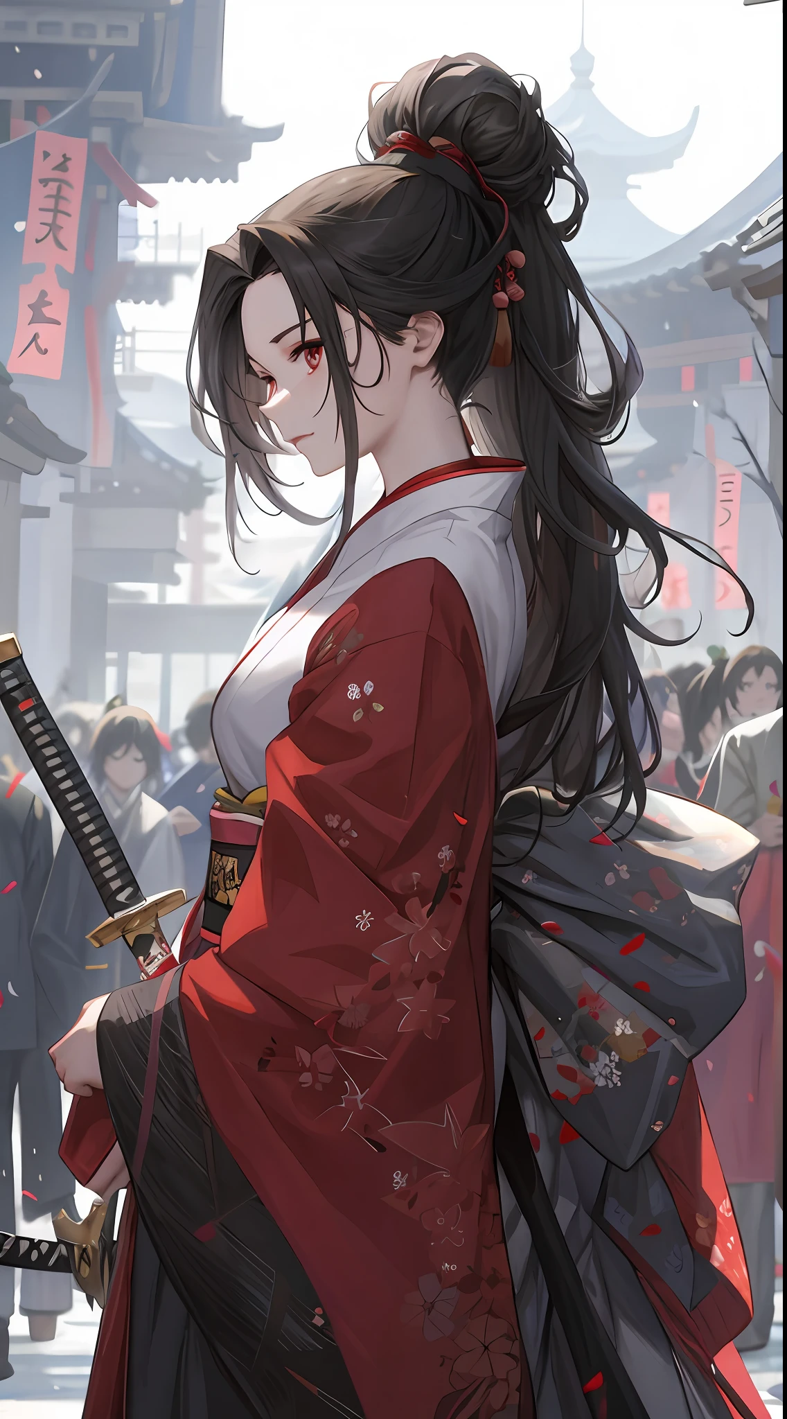 Anime girl in kimono holding a sword in front of a crowd,palace,A girl in a black Hanfu,she is holding a katana sword,Anime style 4k,Guviz-style artwork,Guviz,Badass anime 8K,holding a sword on her shoulder,by Yang J,Guweiz in Pixiv ArtStation。