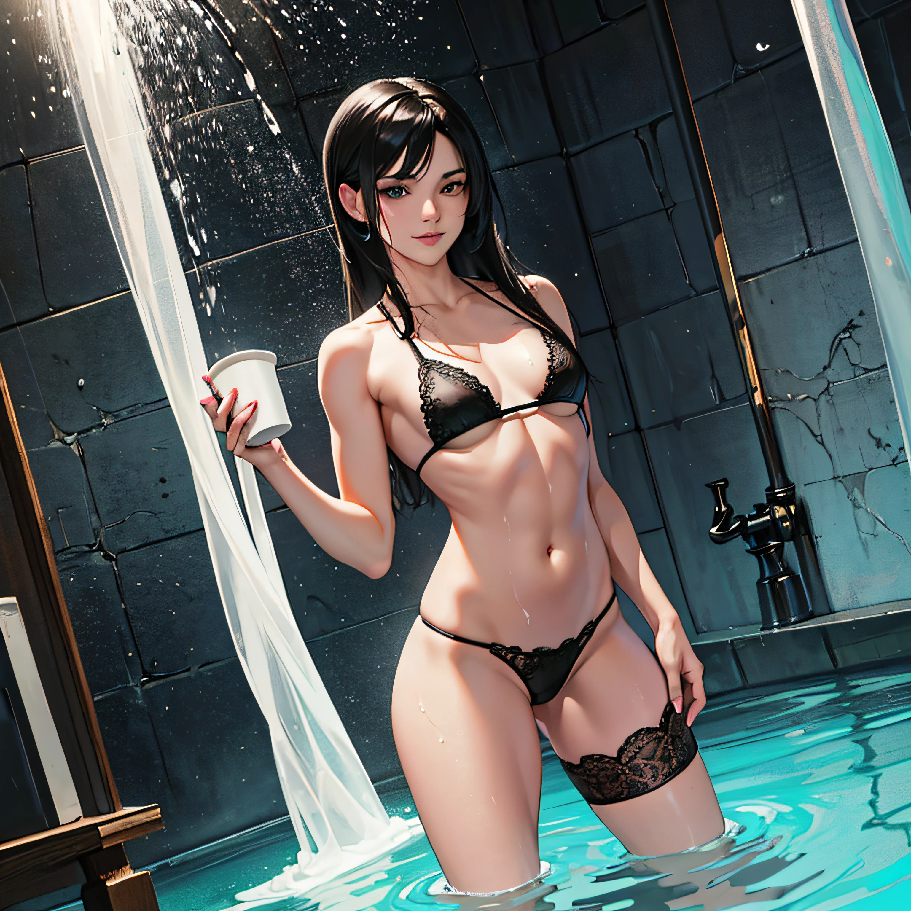 ff Tifa，Standing painting，Black hair, aqua eyes, Seductive smile, Verism, Cinematic lighting, hyper HD, Masterpiece, Textured skin, High details，（Fidelity：1.4），RAW photogr，1girll，solo person，A cup，Small cups，musculous，long leges，full bodyesbian，the night，Dark light，deep shading，Black lace bikini，30D black stockings，浴室，Showers，sexyposture，taking a shower，Get wet --auto