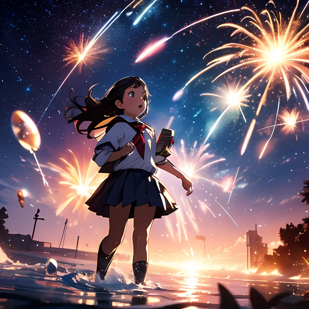 schoolgirls,Prairie stars,Star-sparkled,water bubbles,The cat came out of the banana,starrysky,extreme light,8K,Cinematic lighting effects,Textured skin,best qualtiy,Storytelling images,dynamic blur,