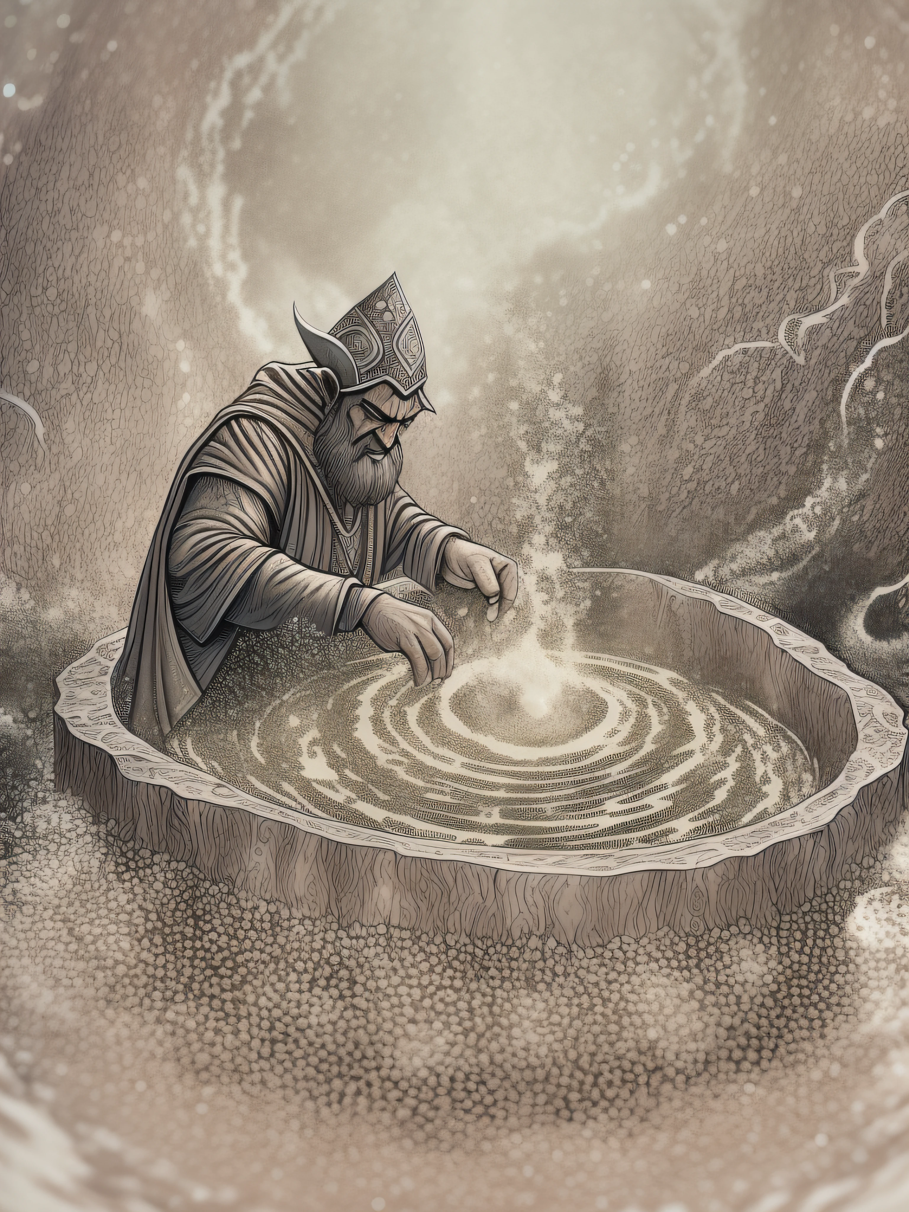 orthodox orc in the foreground,  glitter whirlpool in the background, mushroom, sunlight, --style ink wash, super-resolution, V-Ray