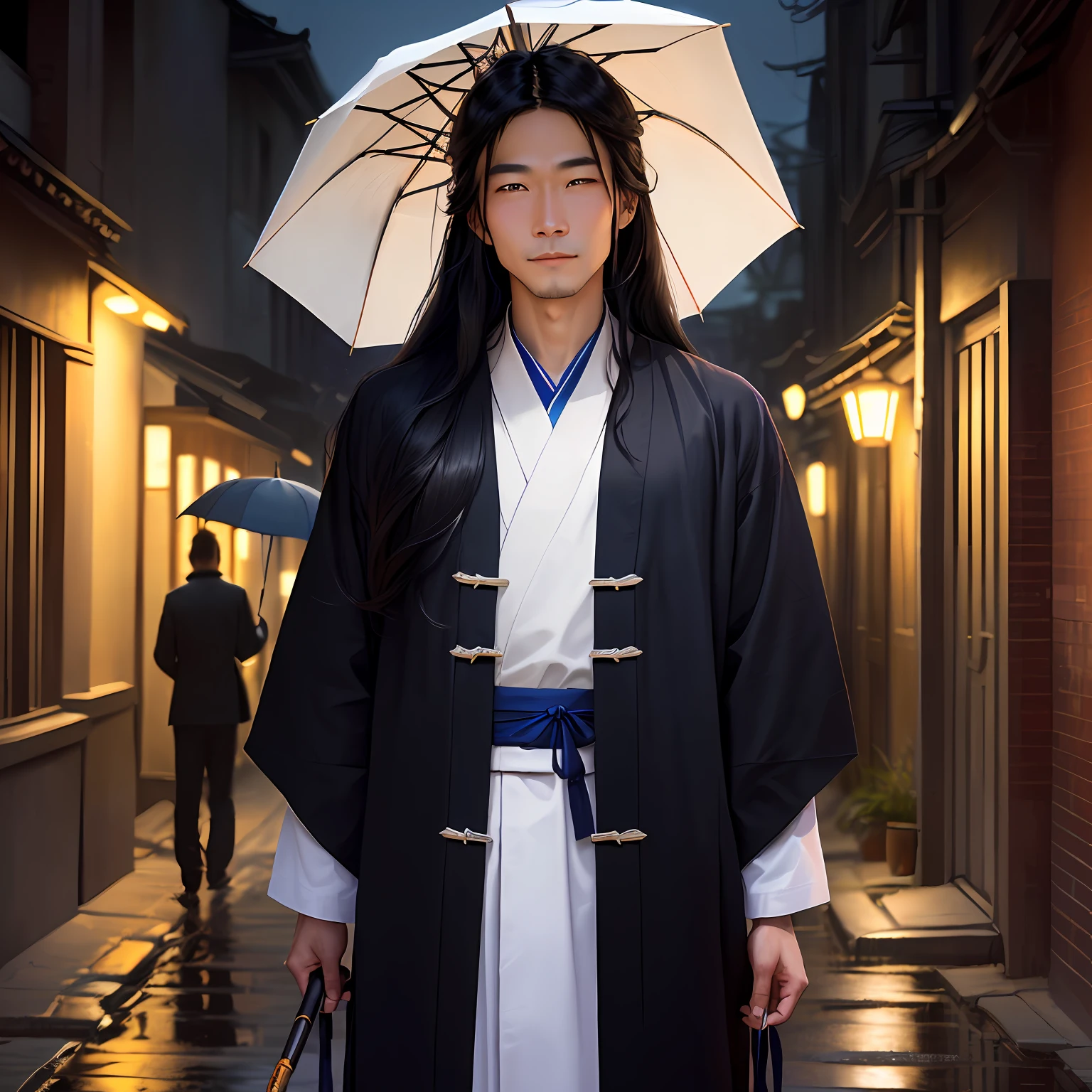 During the Tang Dynasty，In a dimly lit alley，A clean man，Holding an umbrella，Long black hair untied，Azure eyes stared straight ahead，Dressed in plain white，Neatly dressed，The smile is weird，The foxtail looms behind him