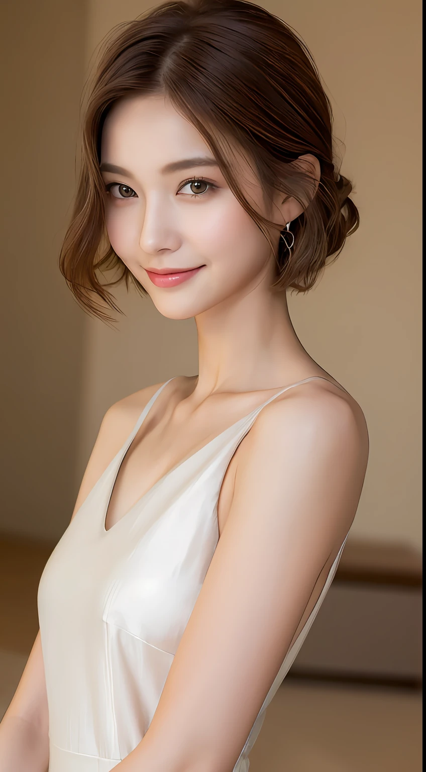 ((Best Quality, 8K, Masterpiece: 1.3)), 1 Girl, Slim Abs Beauty: 1.3, (Hairstyle Brown Hair Shortcut, Big: 1.2), Dress: 1.1, Super Slender Face, Delicate Eyes, Double Eyelids, Smile, Home, Raw Photo