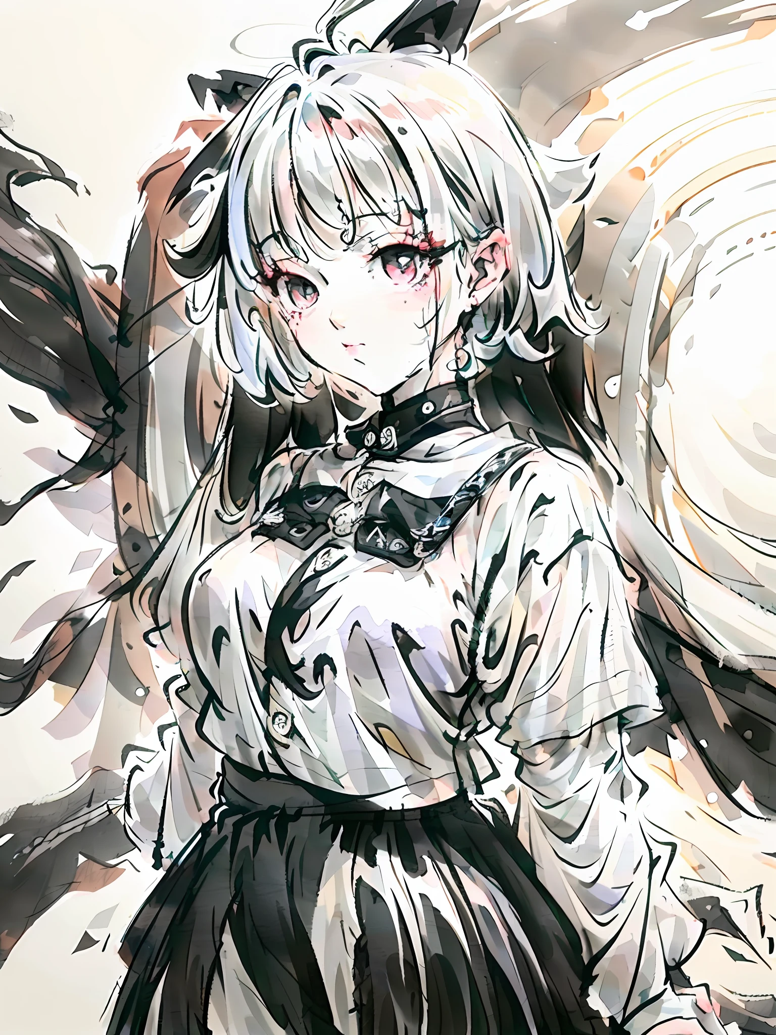 ((masterpiece, best quality)), (1girl), (solo), (female focus), (ahoge, white hair, short hair), black eyes, ((white shirt), (buttoned shirt)), ((black skirt), (short skirt)), standing, white background, behind arms,