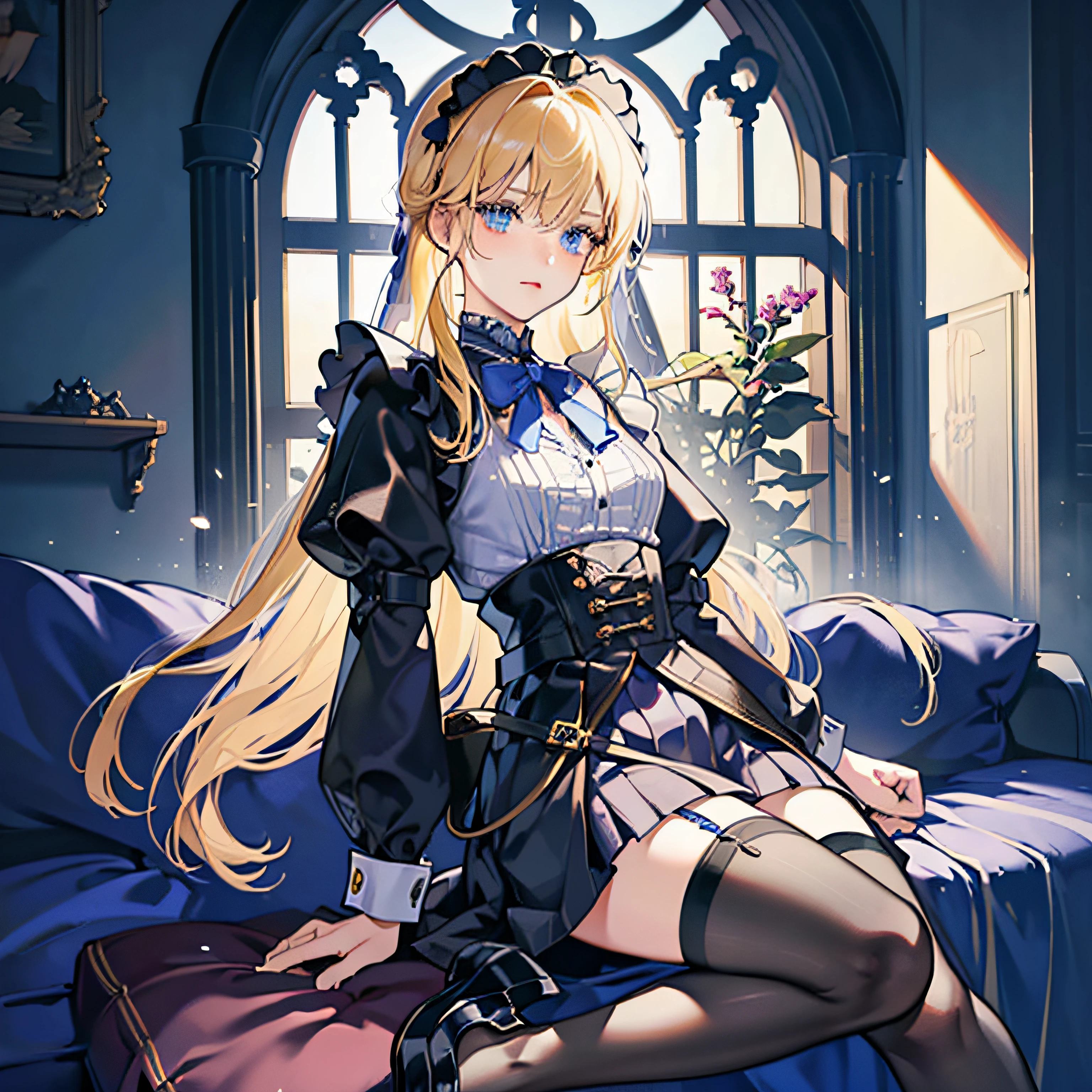 tmasterpiece, best qualtiy, ultra - detailed, Only 1 girl, Blonde hair, blue color eyes, Long hair, dual horsetail, JK skirt,black lence stockings,Small leather shoes,the maid outfit,full bodyesbian --auto