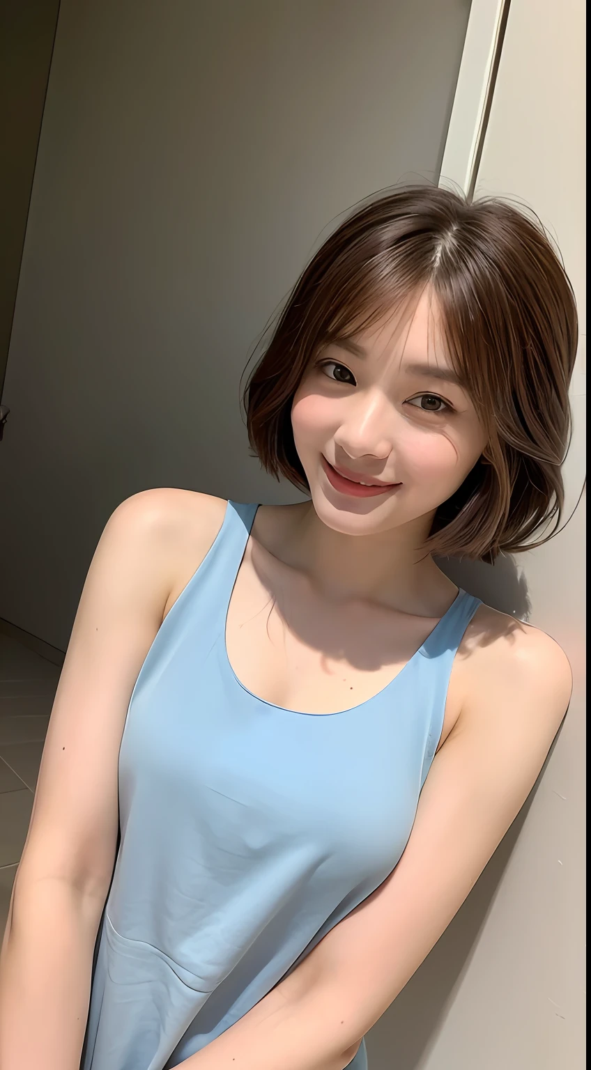 ((Best Quality, 8K, Masterpiece: 1.3)), 1 Girl, Slim Abs Beauty: 1.3, (Hairstyle Brown Hair Shortcut, Big: 1.2), Dress: 1.1, Super Slender Face, Delicate Eyes, Double Eyelids, Smile, Home, Raw Photo