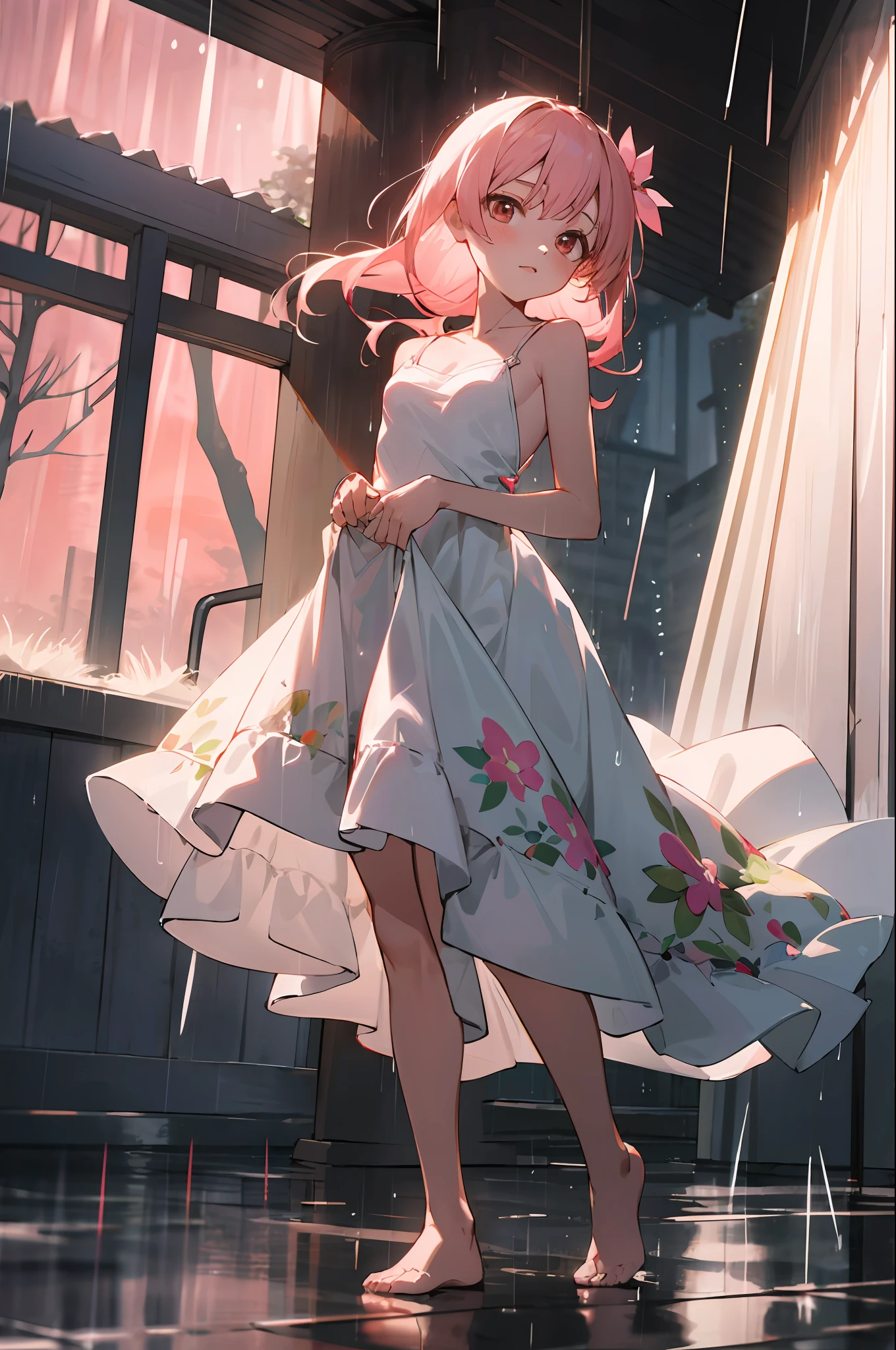absurderes, hight resolution, ((masutepiece)), animesque、((Best Quality)), (Ultra-detailed), ((Extremely detailed)), (Beautiful), ((Kawaii Girl)), (Lori:1.8), 独奏,(Infant 10 years old:1.6)、Beautiful face, full body Esbian、White skin、Detailed red sky eyes、shiny long pale pink hair、Side hairbraids、Hair in the wind、Pure white cute floral dress、Pink floral hair ornament、Slender girl, (Small breasts:1.6)、BREAK、The upper part of the body、Gentle face、Ephemeral、(Very heavy rain:1.6)、Protect yourself from rain under the eaves of covered buildings、look up sky