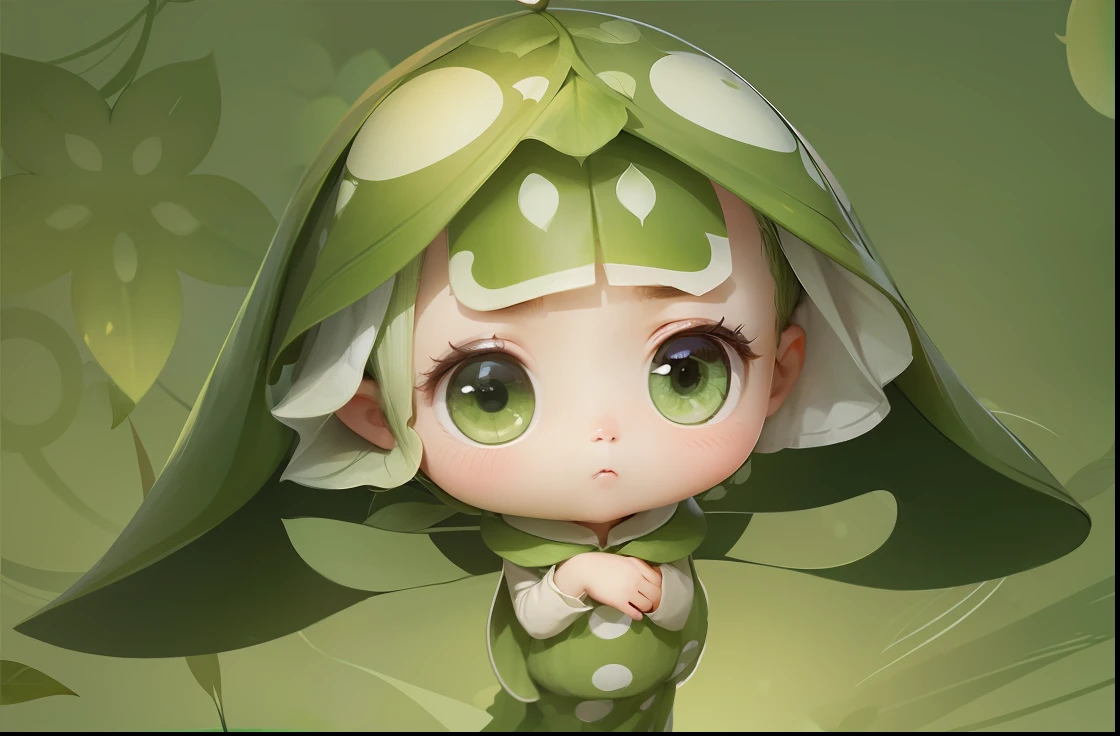 The long green dress has white spots on it,short stature,cute facial features,The eyes are round and small,The head is covered with two leaves as hair,There is a grass on the head,Short limbs --auto