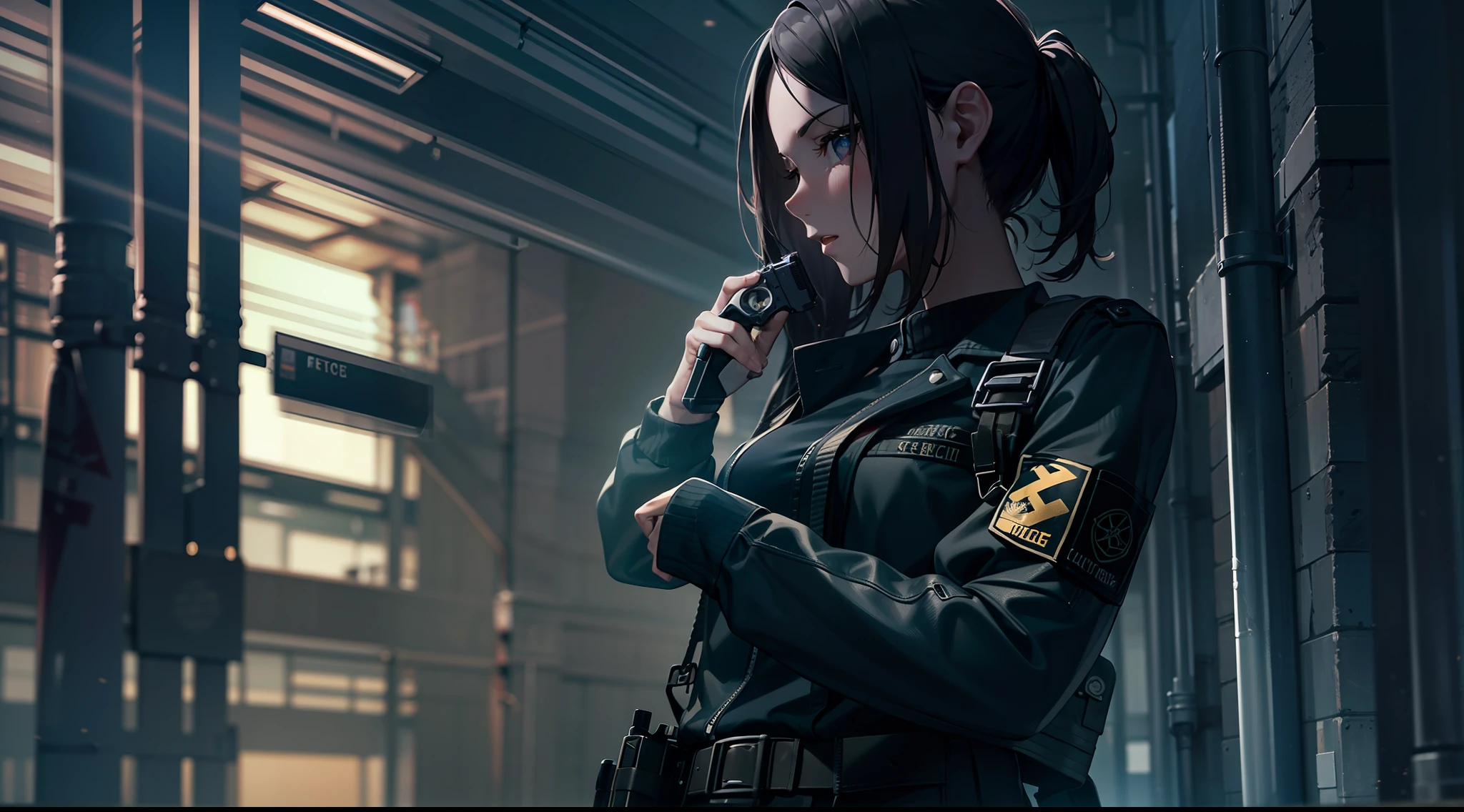 1 girl, handgun, in the dark office building, black clothes, special operations, special force, cinematic action, dynamic entry, looking enemy