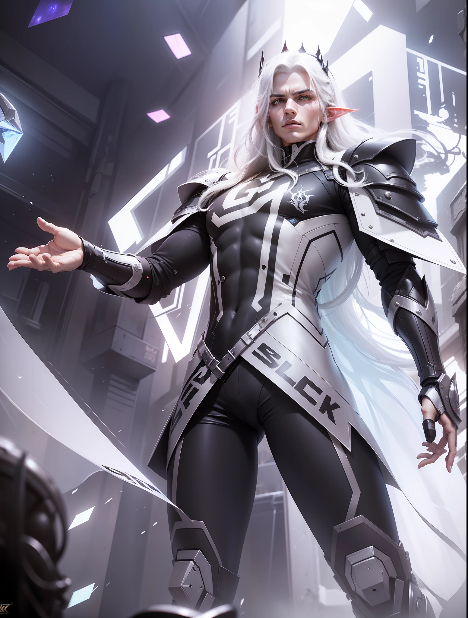 Raw photo, 1 Man, estes blacklist international's skin from MLBB, Diamond crown, white long hair, yellow eyes, elf, futuristic Robot, Robot suit, black & white, realistic,futuristic, 8K quality, super detail