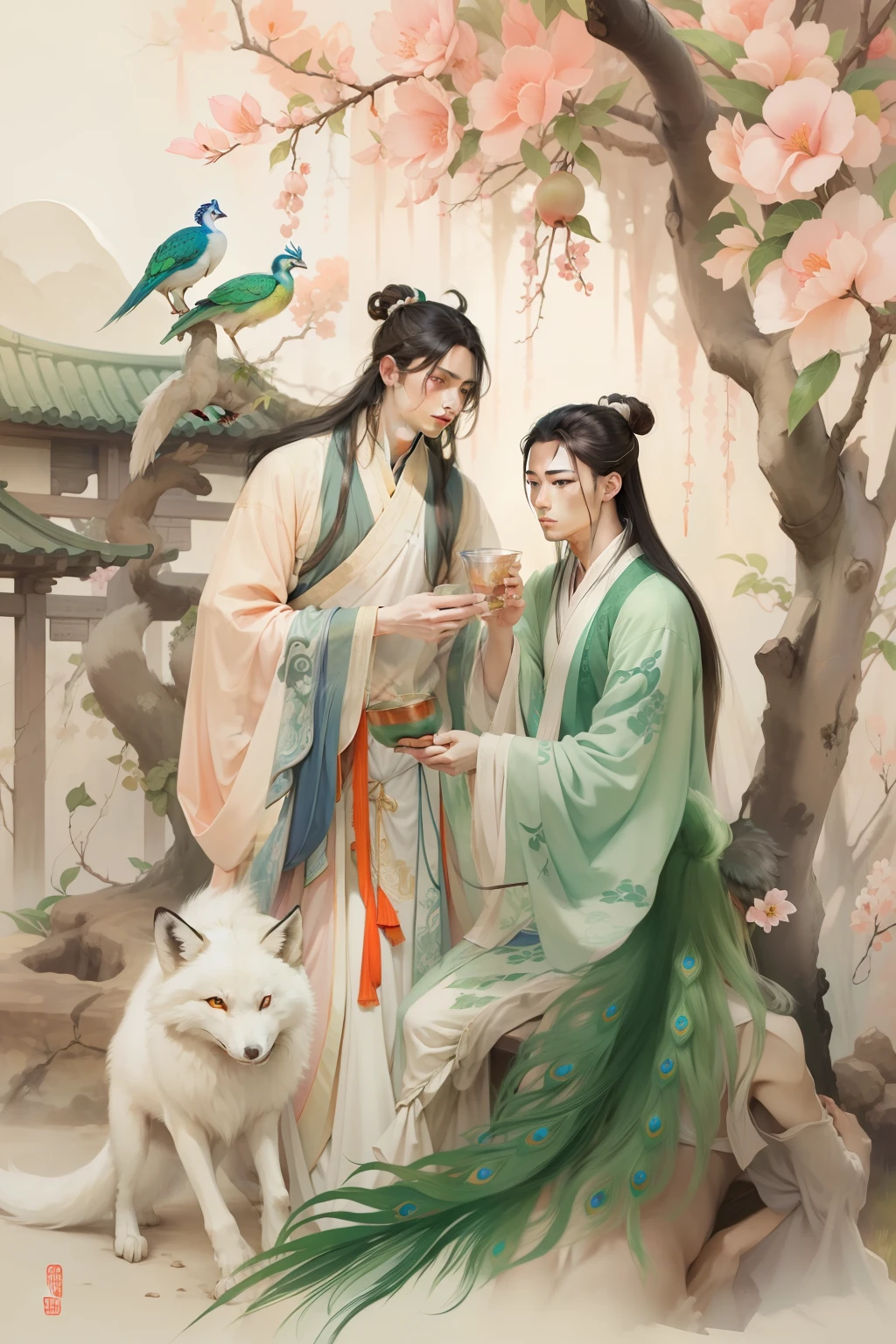 masterpiece, ancient China, watercolor, realistic, gentle color, two very young attractive skinny male god, drink together, under a peach tree, very long hair, one man with nine white fox tails, one man with a green peacock tail --auto