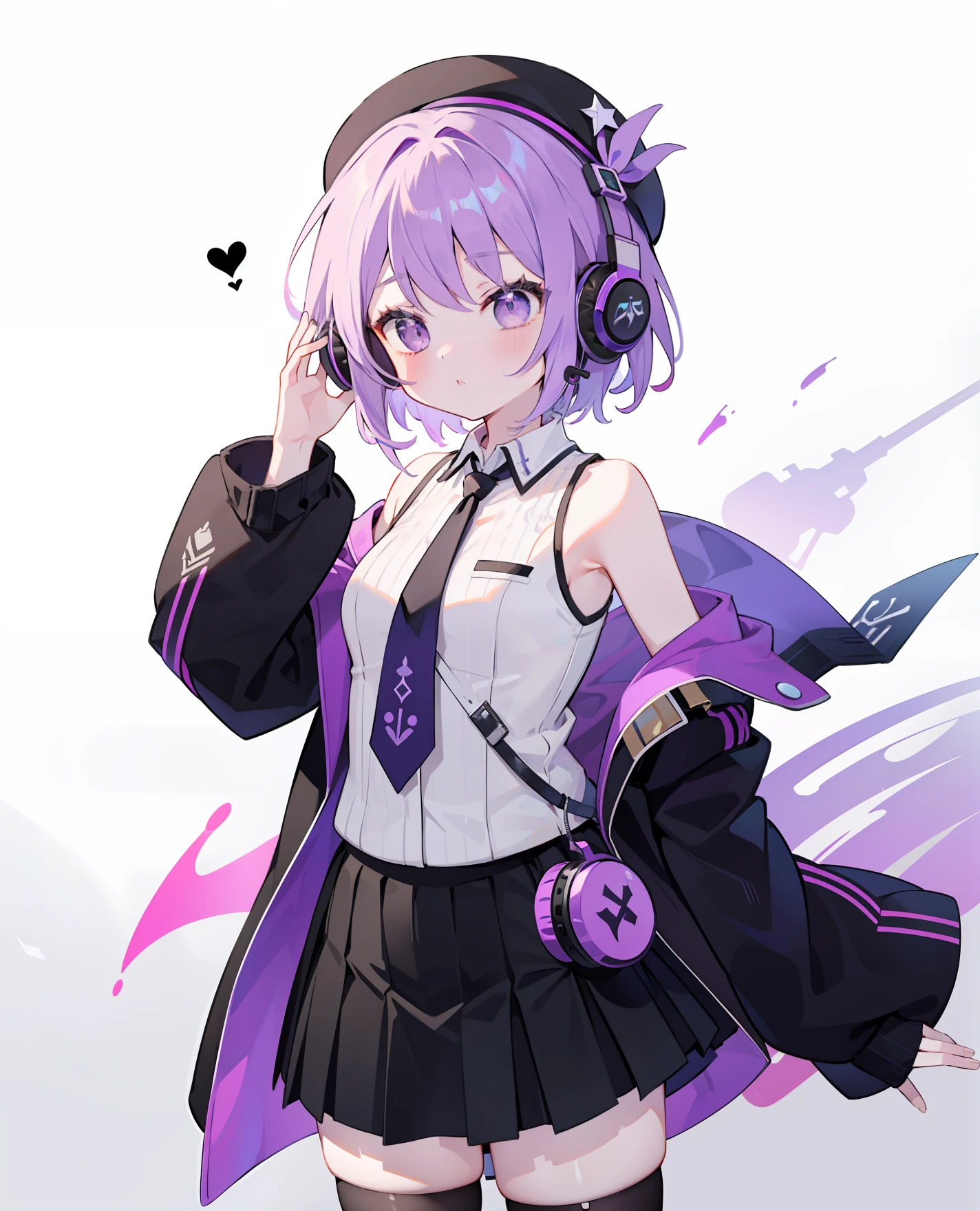 the anime character is wearing purple and black clothing and headphones, black beret cap, 1girl, solo, thighhighs, hat, purple hair, purple eyes, white sleeveless shirts, black skirt, purple necktie, black detached sleeves, very short hair, headphones, simple background