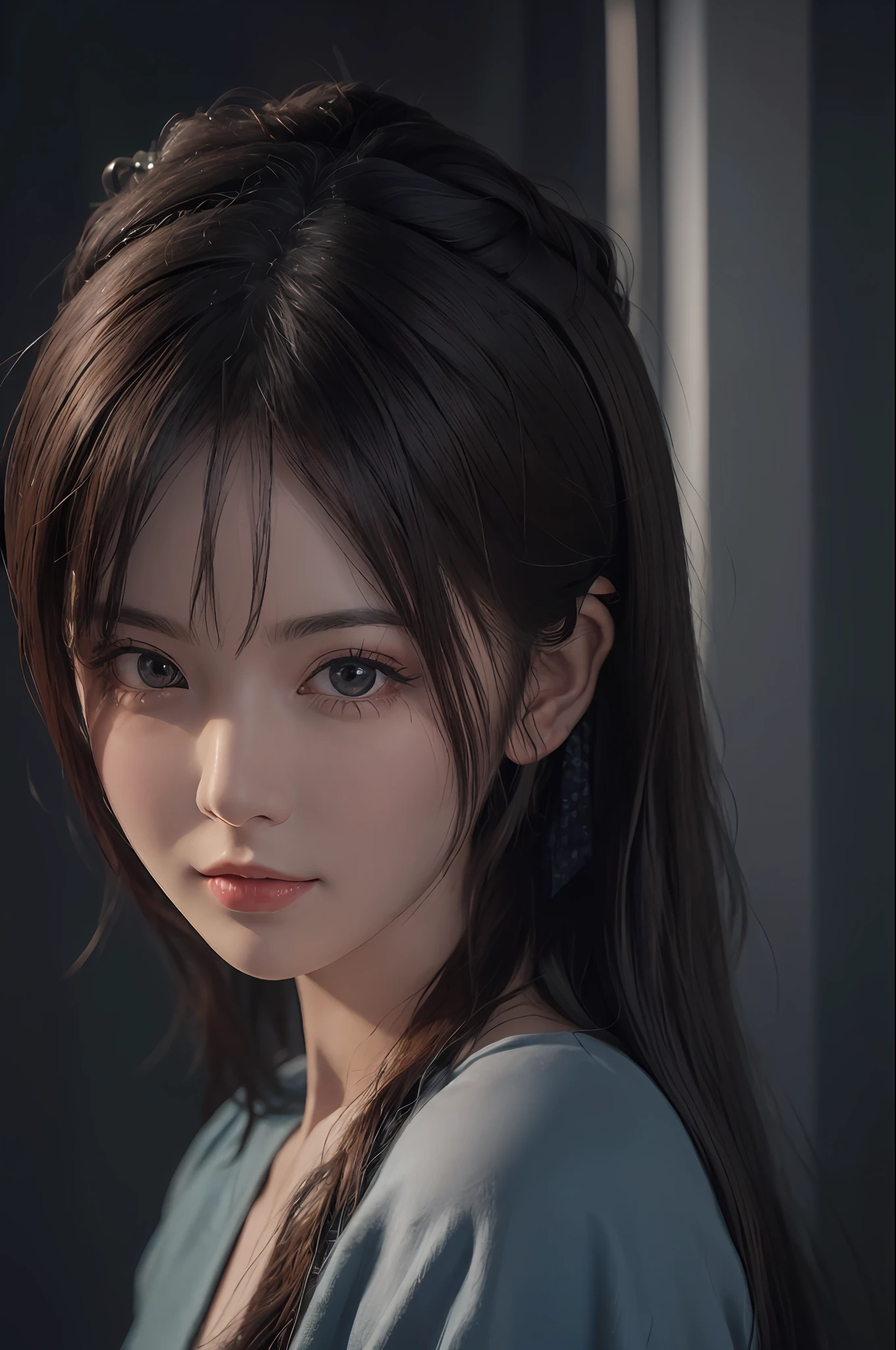 (masuter piece:1.3)、(8K、Photorealsitic、Raw photography、top-quality: 1.4)、12year old、(A 12-year-old girl)、beautiful countenance、baby-face，(Lifelike face)、(A dark-haired、Long straight hair:1.3)、Beautiful hairstyle、realisticeyes、Beautiful details、（real looking skin）、Beautiful skins、absurderes、enticing、超A high resolution、A hyper-realistic、high-detail、the golden ratio