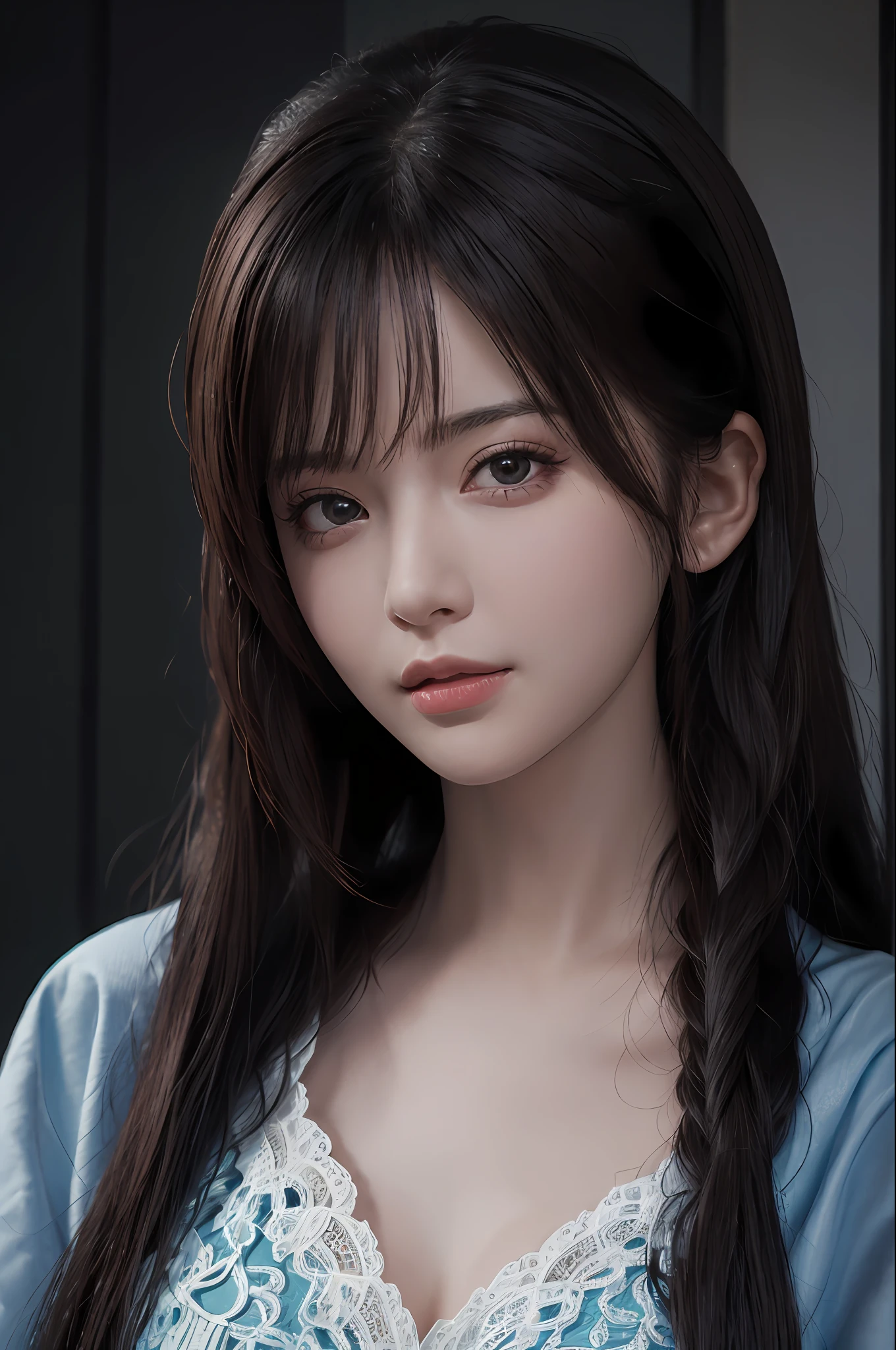 (masuter piece:1.3)、(8K、Photorealsitic、Raw photography、top-quality: 1.4)、ar old、12-yearld )、beaful countenance、baby-face，(Lifelface)dark-haired、Long straight hair:1.3)、Beautiful hairstyle、realisticeyes、Beautiful details、（real looking skin）、Beautiful skins、absurderes、enticing、超A high resolution、A hyper-realistic、high-detail、the golden ratio