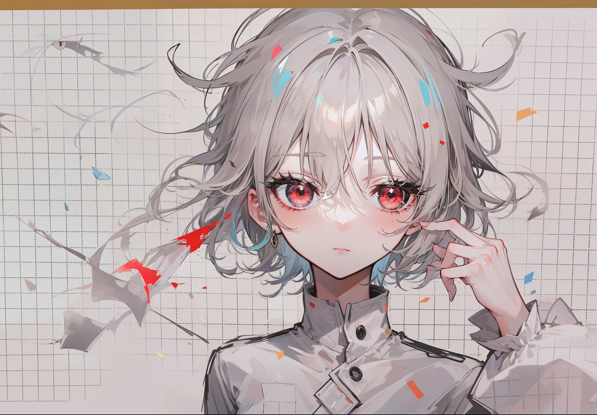 red - eyed,whaite hair,Adult male,Short hair covers the right eye,cold-hearted