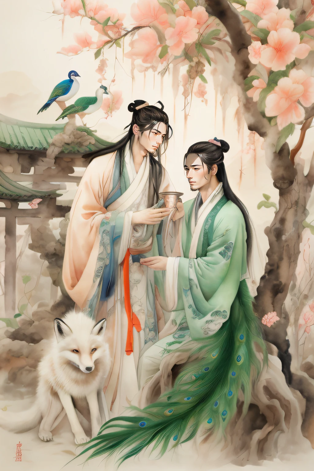 masterpiece, ancient China, watercolor, realistic, gentle color, two very young attractive skinny male god, drink together, under a peach tree, very long hair, one man with nine white fox tails, one man with a green peacock tail --auto
