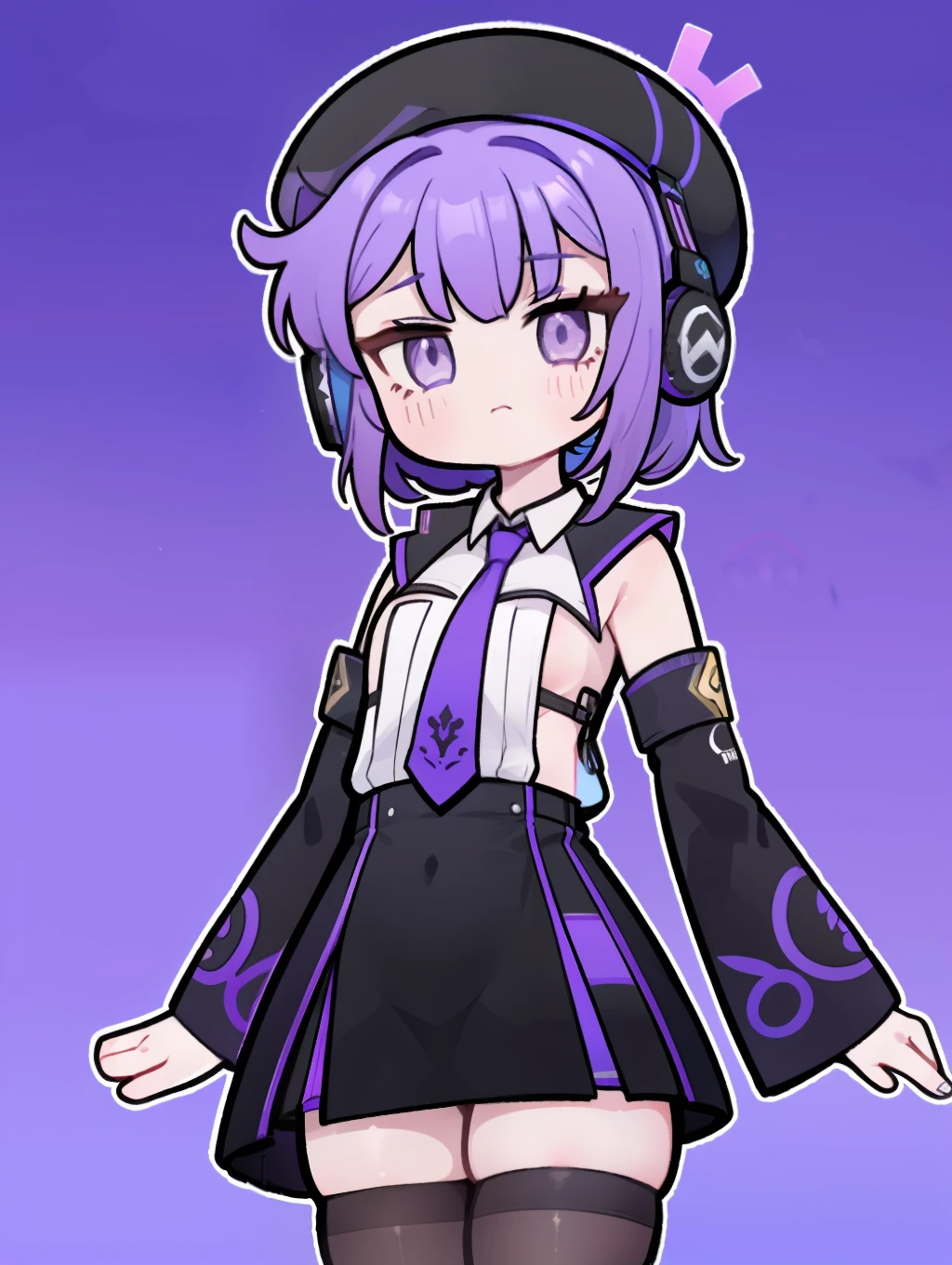 the anime character is wearing purple and black clothing and headphones, black beret cap, 1girl, solo, thighhighs, hat, purple hair, purple eyes, white sleeveless shirts, black skirt, purple necktie, black detached sleeves, very short hair, headphones, simple background