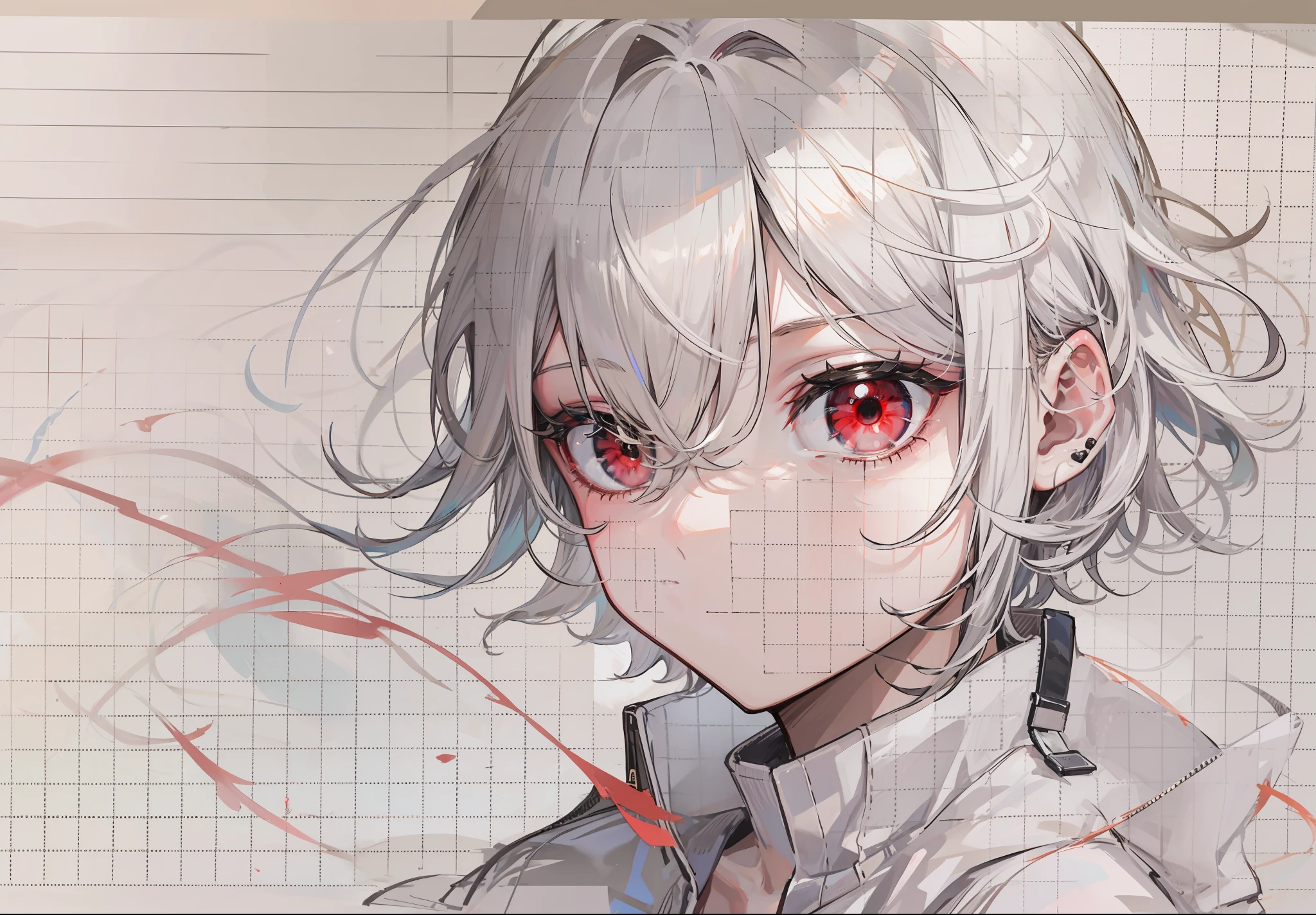 red - eyed，whaite hair，Adult male，Short hair covers the right eye，cold-hearted