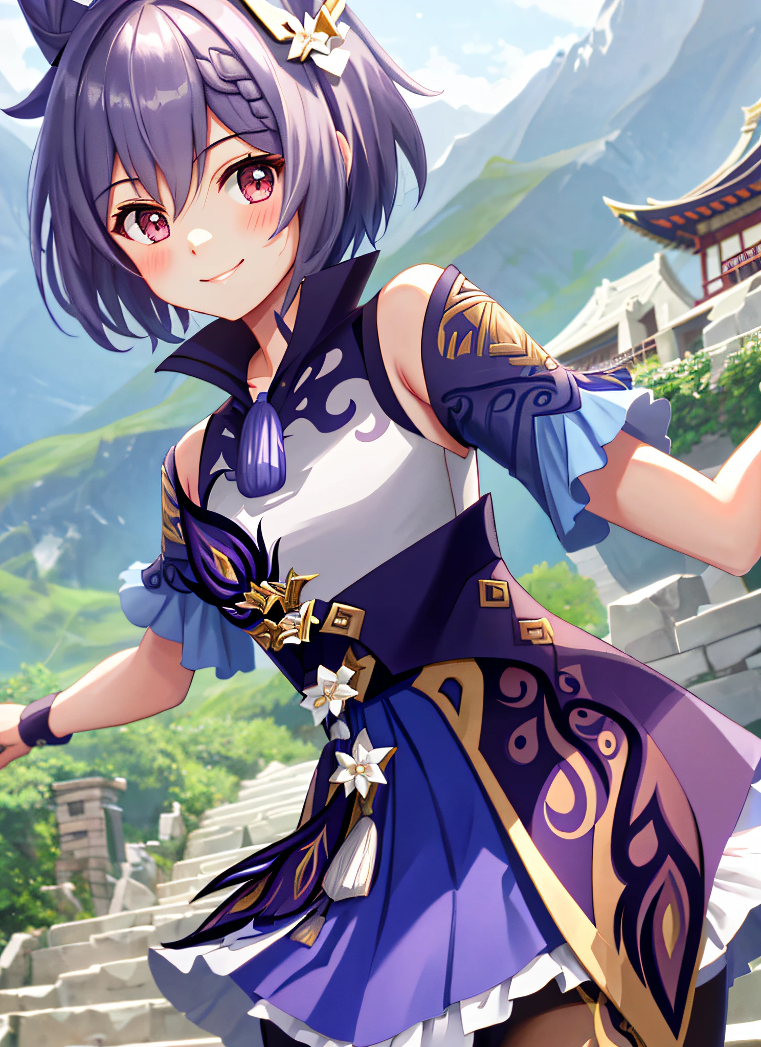 keqingdef, upper body, smile, blush, outdoors, day, simple background, blue sky, short hair, sky, temple, looking at viewer, stairs, mountain, moody lighting, facing viewer,