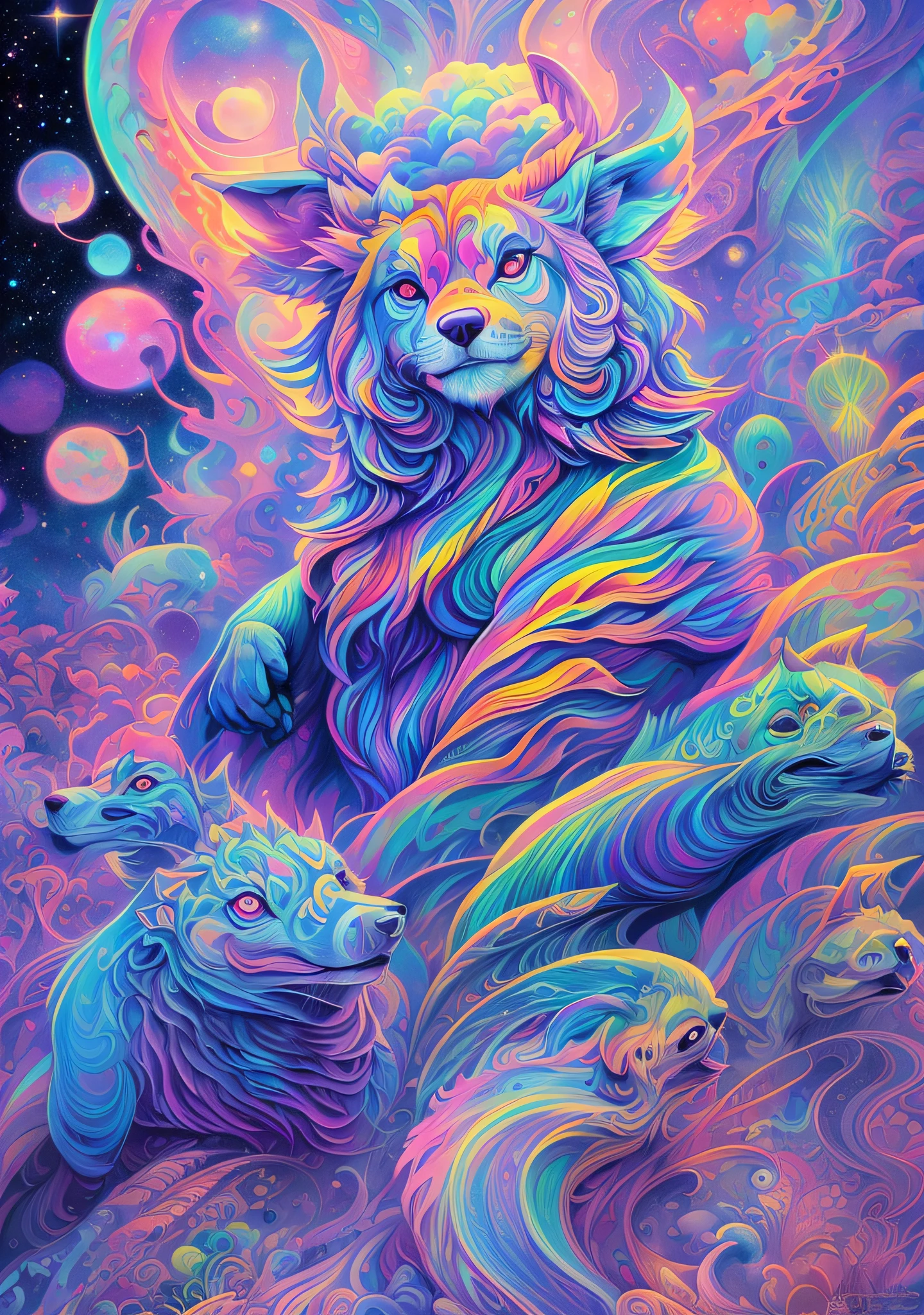 Draw wolves in colorful spaces, jen bartel, Beeple and Jeremiah Ketner, Psychedelic art style, trippy vibrant colors, trippy art, portrait of a lisa frank, psychedelic illustrations, surreal colors, Wolf of the Universe, psychedelic aesthetic, psychedelic trip, Lisa Frank style, trippy colors, in style of lisa frank, whimsical and psychedelic