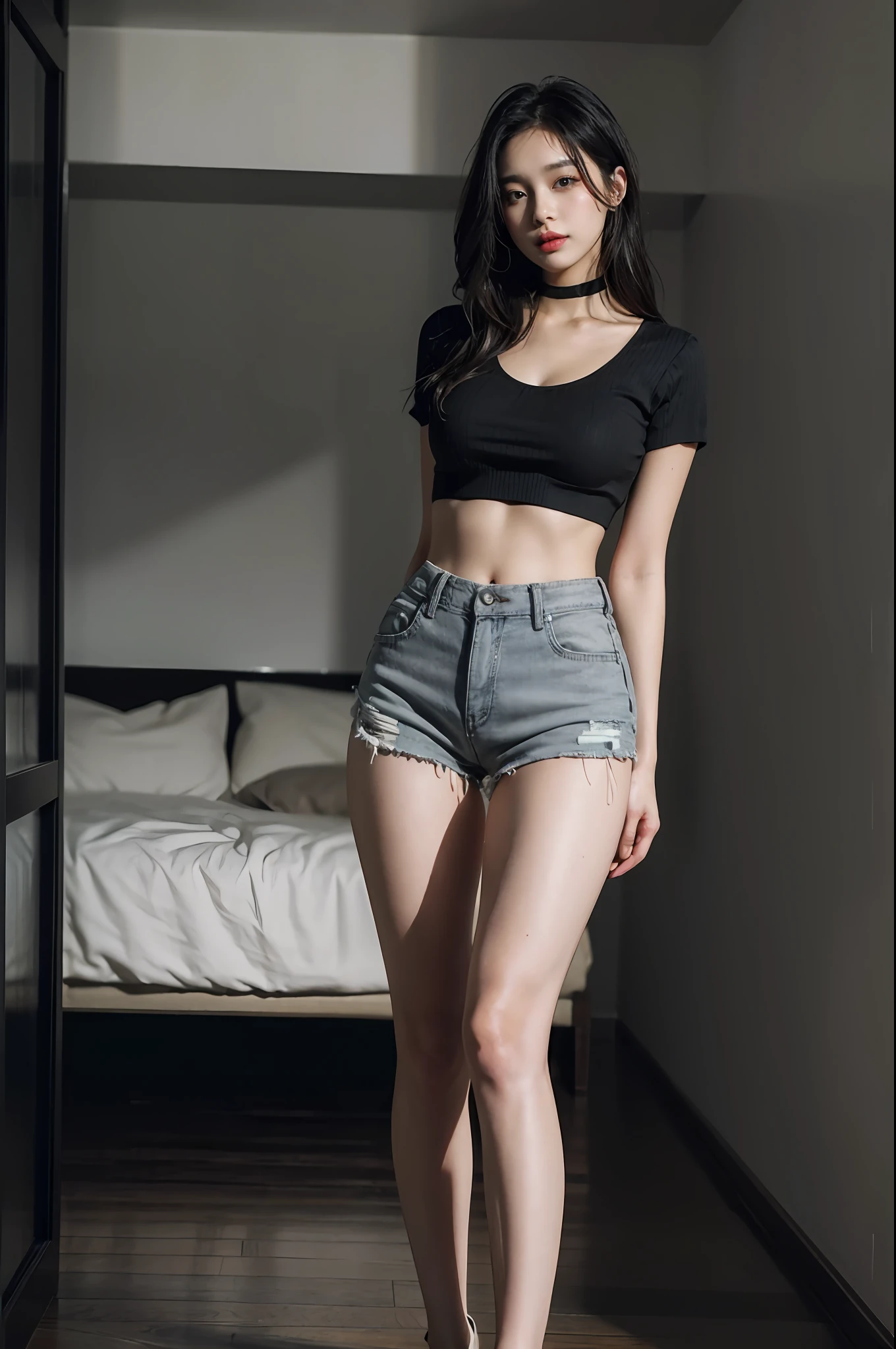 Best Quality, Masterpiece, High Resolution, 8K, (Realistic: 1.4), Ultra High Resolution, 1 Girl, Ultra Detailed, Surreal, Highly Detailed CG Illustration, Official Art, Cinematic Light, Reality, Young Beautiful Girl, Perfect Figure, Perfect Figure, Full View, Perfect Body, (Starting below: 1.3), Mask, Pose, Sexy Long Legs, Confident, Beautiful Sexy, Grey Short Sleeves, Open Abdomen, Black Super Shorts, S-shaped Body, Upturned Hips, Assuming, Posing, Different Perspectives