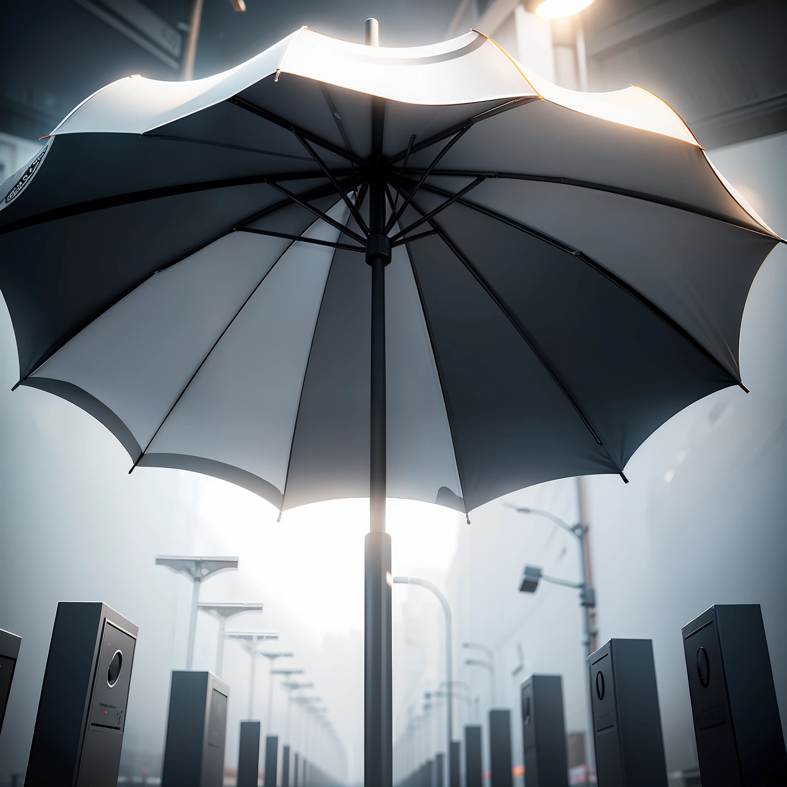 A black 3D umbrella，background is white，The umbrella surface is placed obliquely at 45 degrees，Have movies and light poles --auto