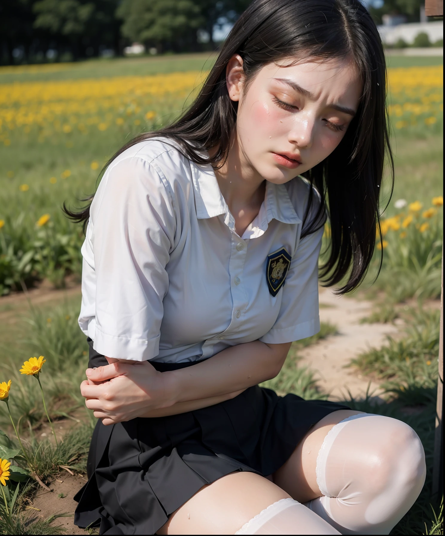 a RAW photo of girl, (masterpiece:1.4), best quality, ultra high res, high detailed, (photorealistic:1.4), face detail, detailed eyes, detailed face, 1girl, (full body), ((14 yo girl)), (white skin:1.3), pink lips, ((tears. sad face. crying)), (closed eyes), (sweaty:1.3), (school uniform), (short skirt), (thighs black stocking), (medium black hair), ((improper sitting at grass. At flower fields)), sunny weather, ((crotch visible)), (tired), (medium breast:1.3), focus on viewers, glowing light, Surrealism, feet out of frame, ((from below)), ((front view)), (textured skin), caustics, f/16, Nikon, 135mm, UHD, retina, super detail, best quality, 8k